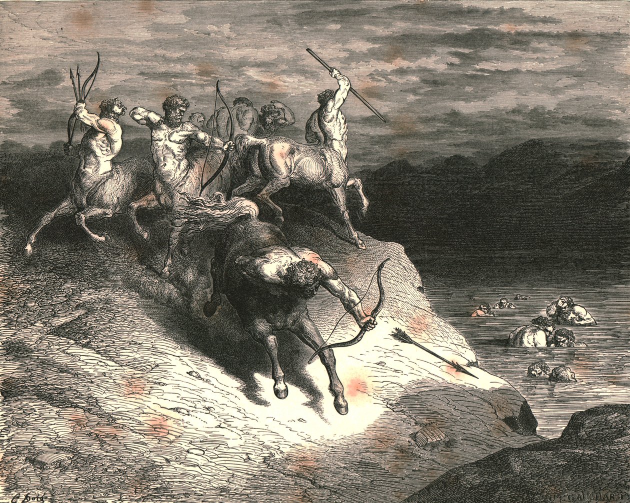 Zbliżyliśmy się do tych bestii, które szybkim krokiem szły naprzód, gdy Chiron wyciągnął strzałę, około 1890 roku. autorstwa Gustave Dore