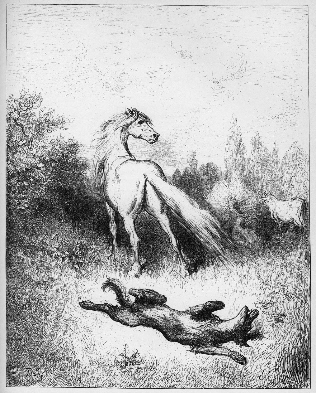 koń i wilk - Koń i wilk - z "Bajek" Jeana de La Fontaine autorstwa Gustave Dore