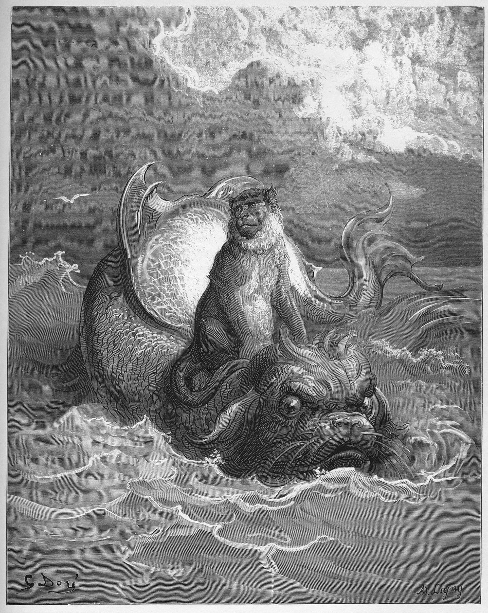 małpy i delfiny - z "Bajek" Jeana de La Fontaine autorstwa Gustave Dore