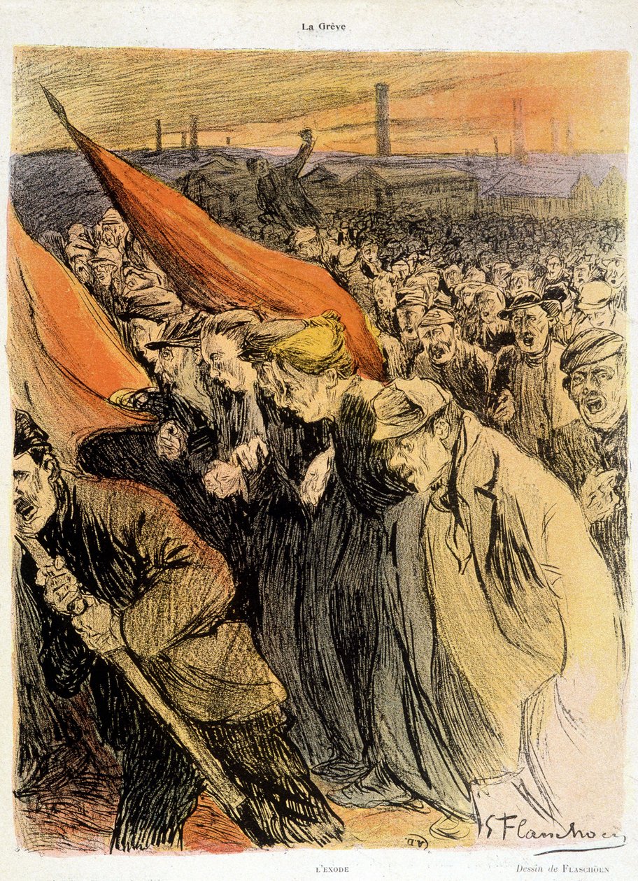 Zakrzywiony tłum z czerwonymi flagami, „”La Grève”” Flaschoën, deb. XX w. autorstwa Gustave Flasschoen