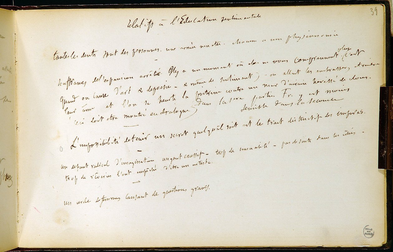 Folio 39 zeszytu ćwiczeń nr. 19 Strona rękopisu szkiców Gustawa Flauberta. Plany edukacji sentymentalnej. BWP. autorstwa Gustave Flaubert