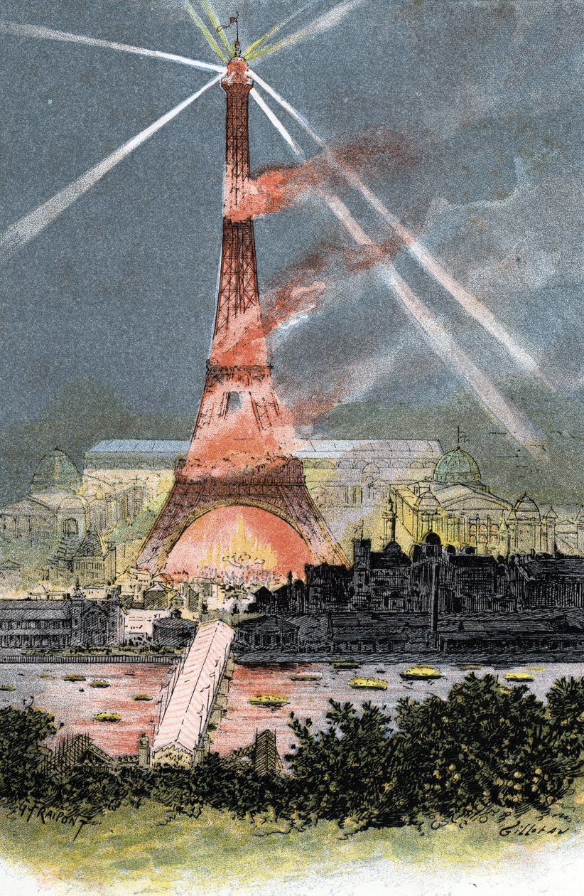 Torre Eiffel iluminada durante a feira mundial de Paris 1889 Desenho de Gustave Fraipont (1849-1923) baseado em “La seine a travers Paris” de Saint-Juirspolish autorstwa Gustave Fraipont