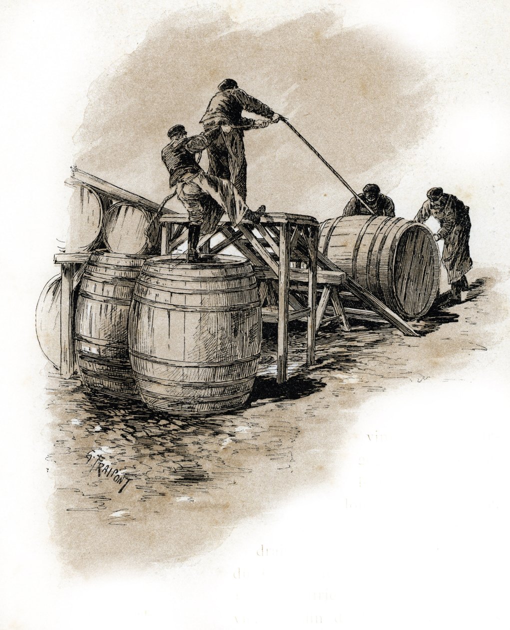 Le stacking des tonneaux de vin, Bercy Paris (Dockers staking the wine barrels, Bercy, Paris) Rysunek Gustave