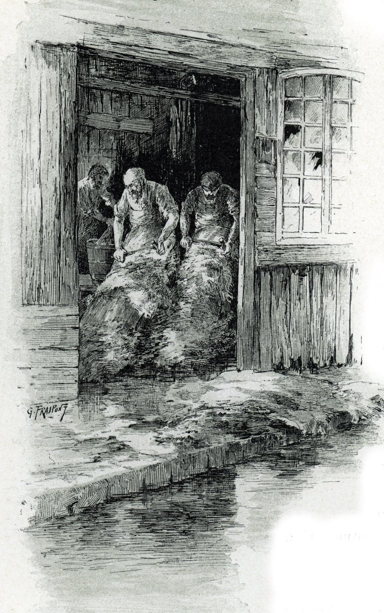 Megissiers de la rue des gobelins in Paris (Garbarze pracujący w skórach i skórach zwierzęcych na rue des Gobelins w Paryżu) Rysunek Gustave