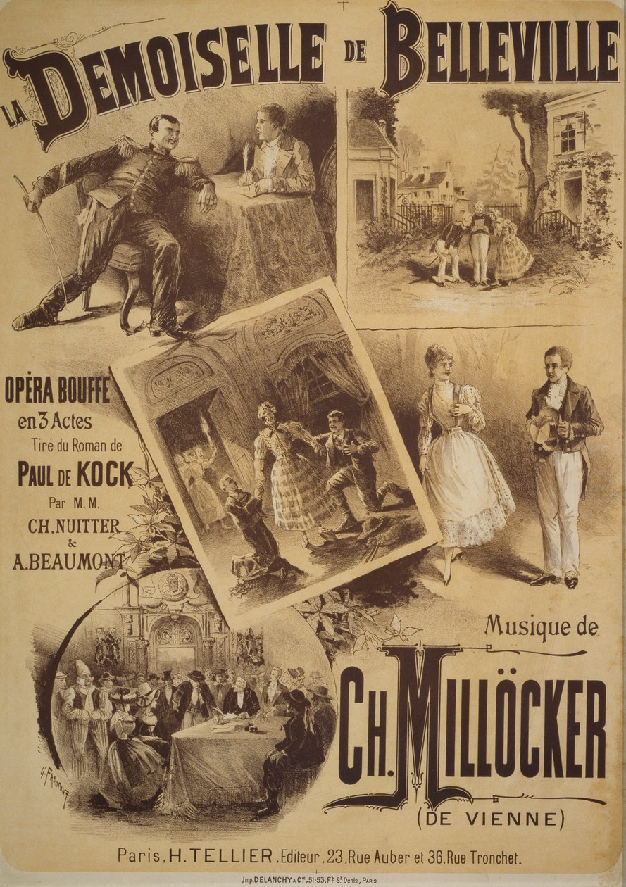 Plakat do La Demoiselle de Belleville, opera komiczna, libretto Charlesa Nuittera i Alexandre Beaumonta, muzyka Karla Millockera, Rysunek Gustave