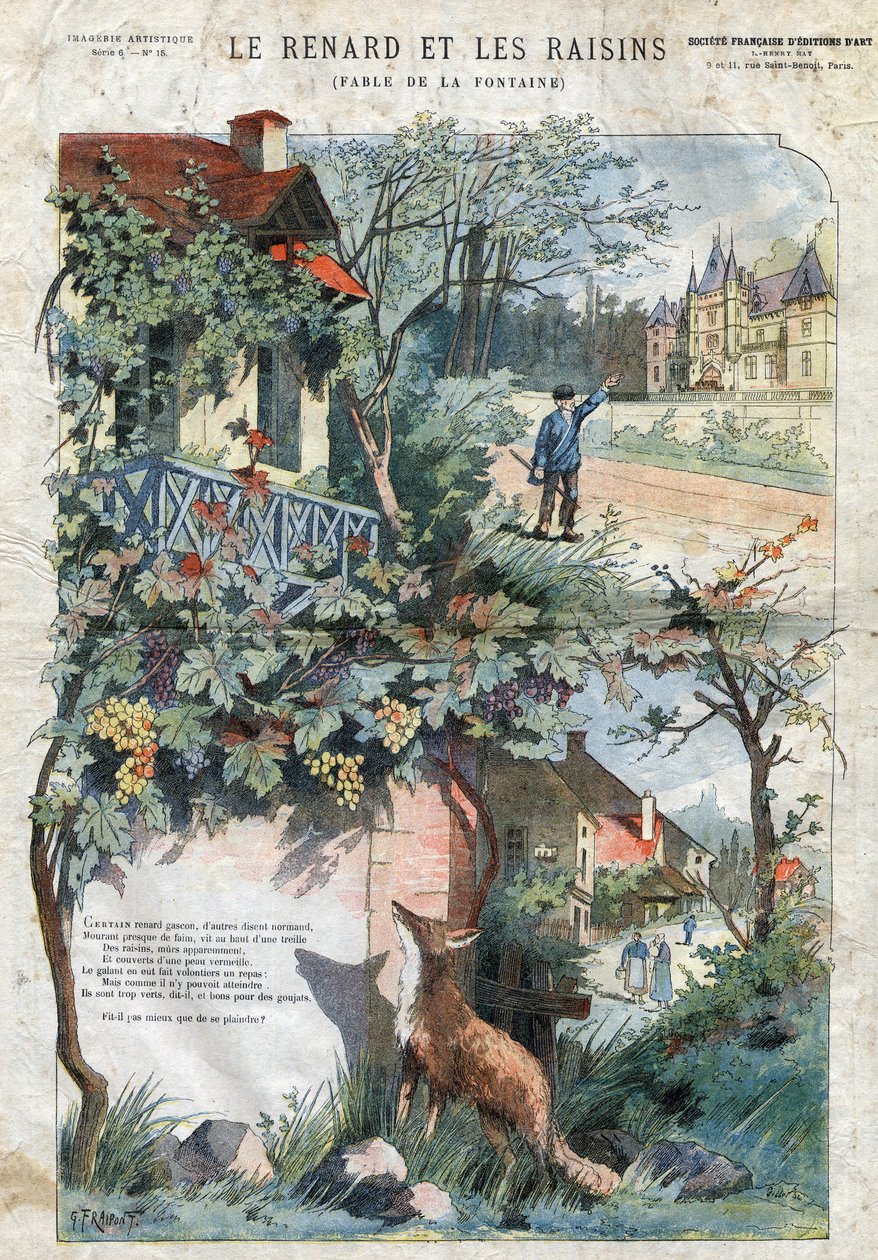 Lis i winogrona. Bajki Jean de La Fontaine (1621-95).Ilustracja Gustave Fraipont (1849-1923). Prywatna kolekcja. autorstwa Gustave Fraipont