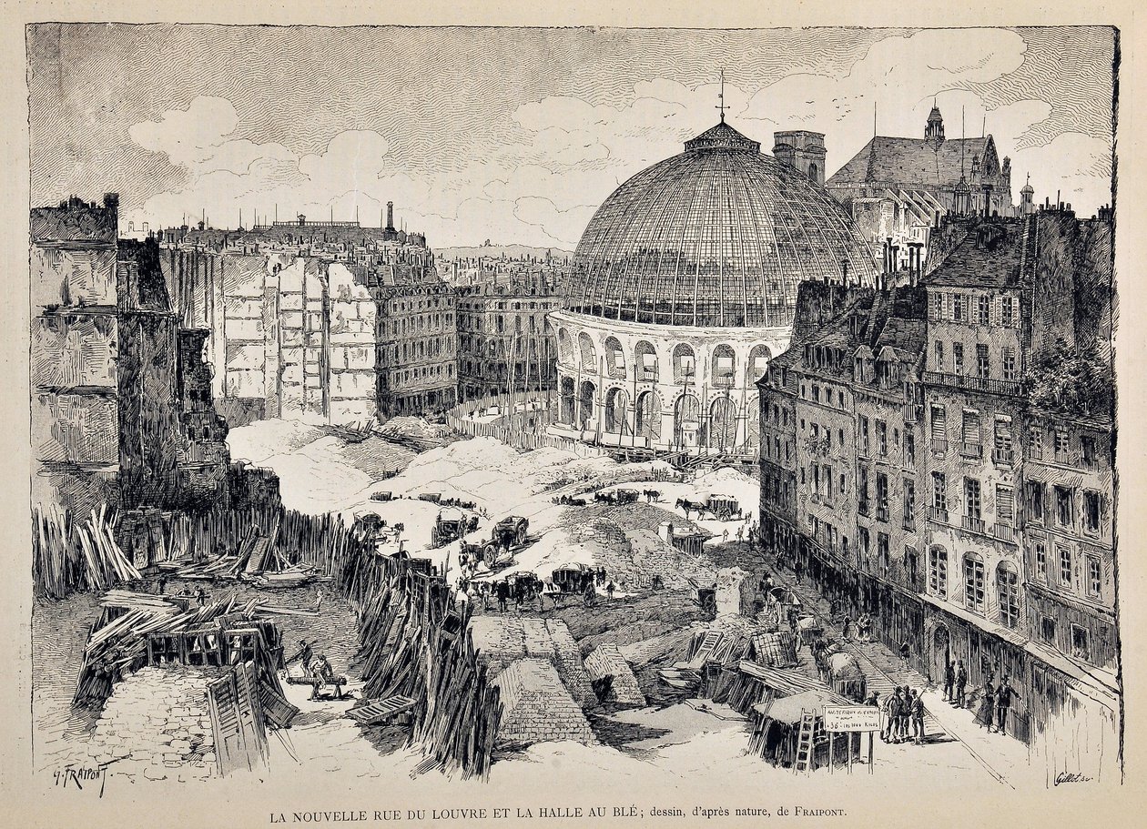 Nowa Rue du Louvre i Halle au Ble w Paryżu w 1887 r. ilustracja Gustave Fraipont (1849 - 1923). Rycina z 1887 r. w tygodniku „Paryż-Prześwietny””. autorstwa Gustave Fraipont
