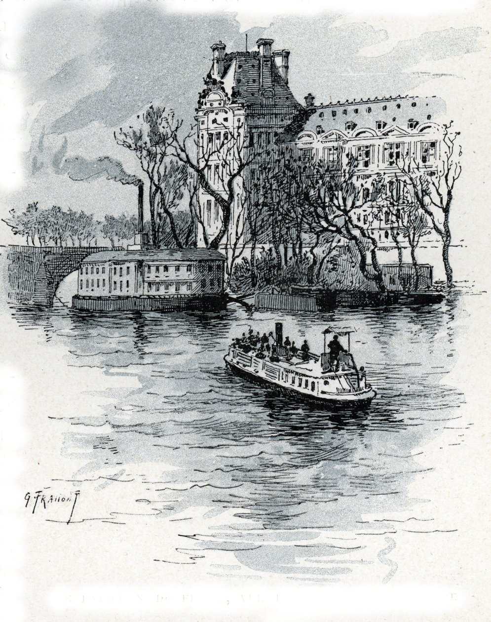 Widok na Pavillon de Flore, Palais du Louvre, z Quai Voltaire w Paryżu (Widok na sekcję Pavillon de Flore w Luwrze z Quai Voltaire, Paryż) Rysunek Gustave