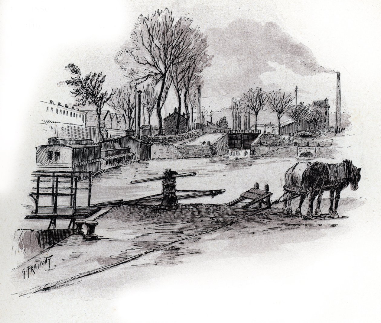 Widok na kanał Saint-Denis i quai de la Gironde a la Villette, Paryż (Widok na kanał Saint-Denis i quai de la Gironde w dzielnicy Villette, Paryż) Rysunek Gustave