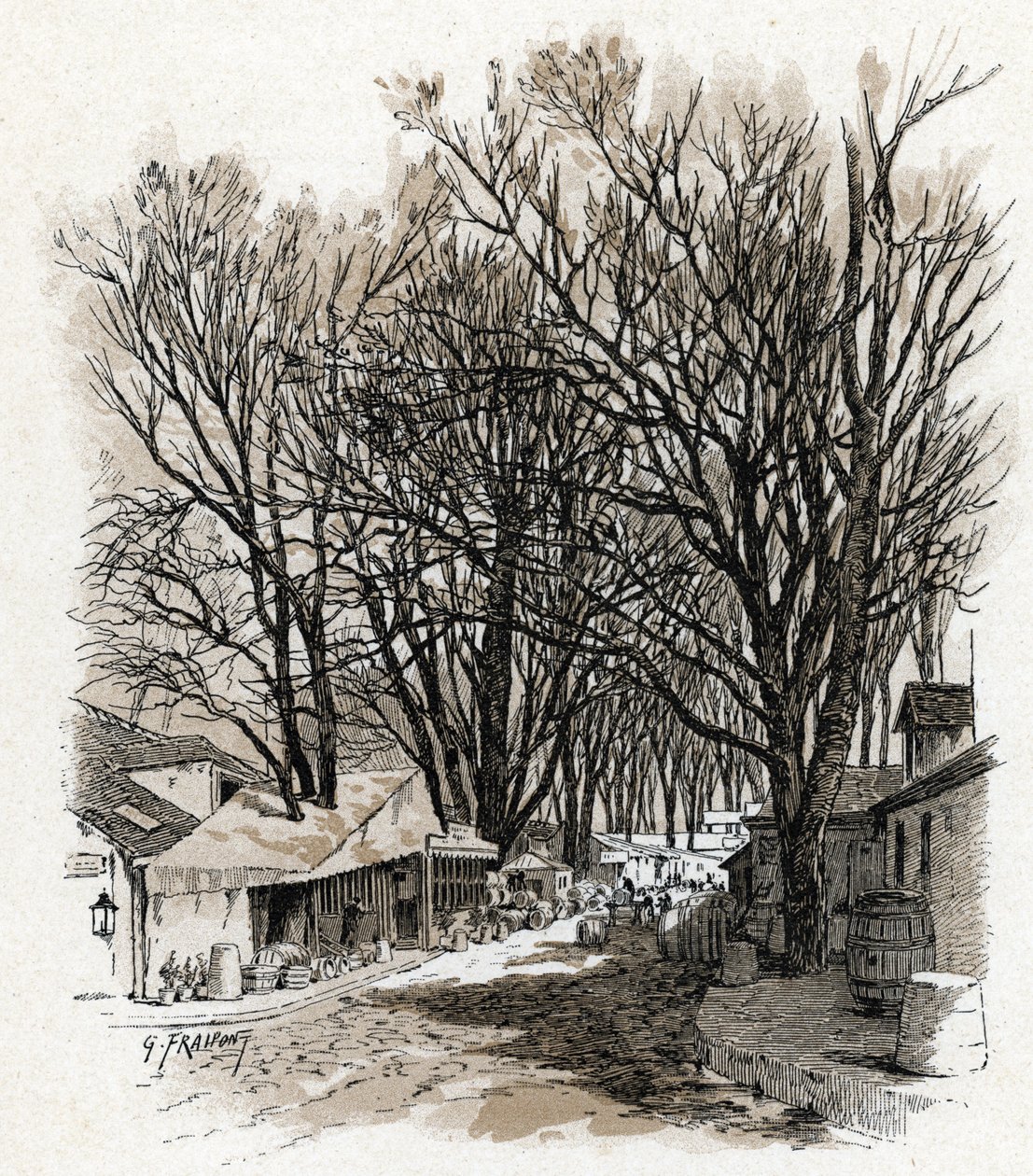Widok nowego magazynu rue Leopold, bercy Paris (Widok magazynu rue Leopold In bercy, Paryż) Rysunek Gustave Fraipont (1849-1923) czerpie z „La seine a travers Paris” autorstwa Saint-Juirs autorstwa Gustave Fraipont