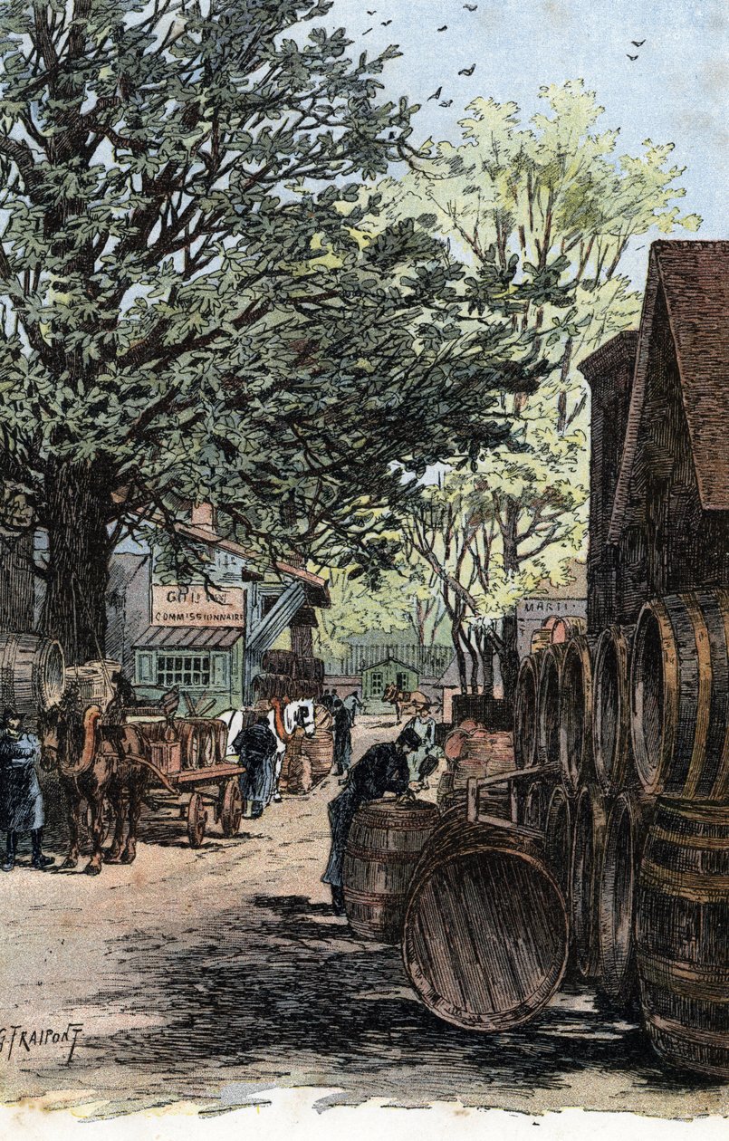Widok nowego magazynu na Rue Laroche, Bercy, Paryż Magazyny wina na rue Laroche w Bercy, Paryż) Rysunek Gustave Fraipont (1849-1923) czerpie z „La seine a travers Paris” Saint-Jurs autorstwa Gustave Fraipont