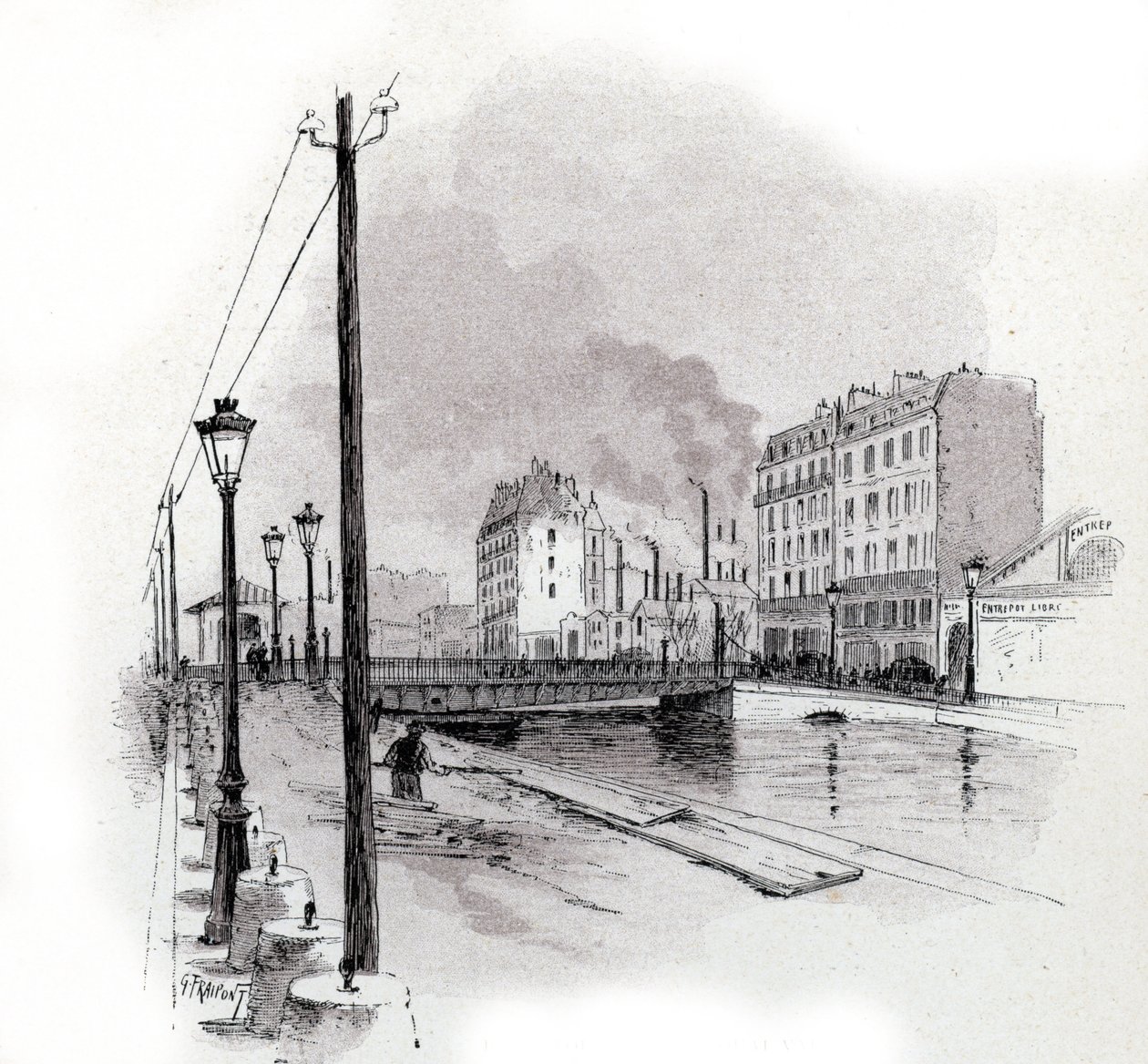 Vista da ponte suspensa do quai de Valmy no canal Saint Martin, Paris Desenho de Gustave Fraipont (1849-1923) de Saint-Juirspolish autorstwa Gustave Fraipont