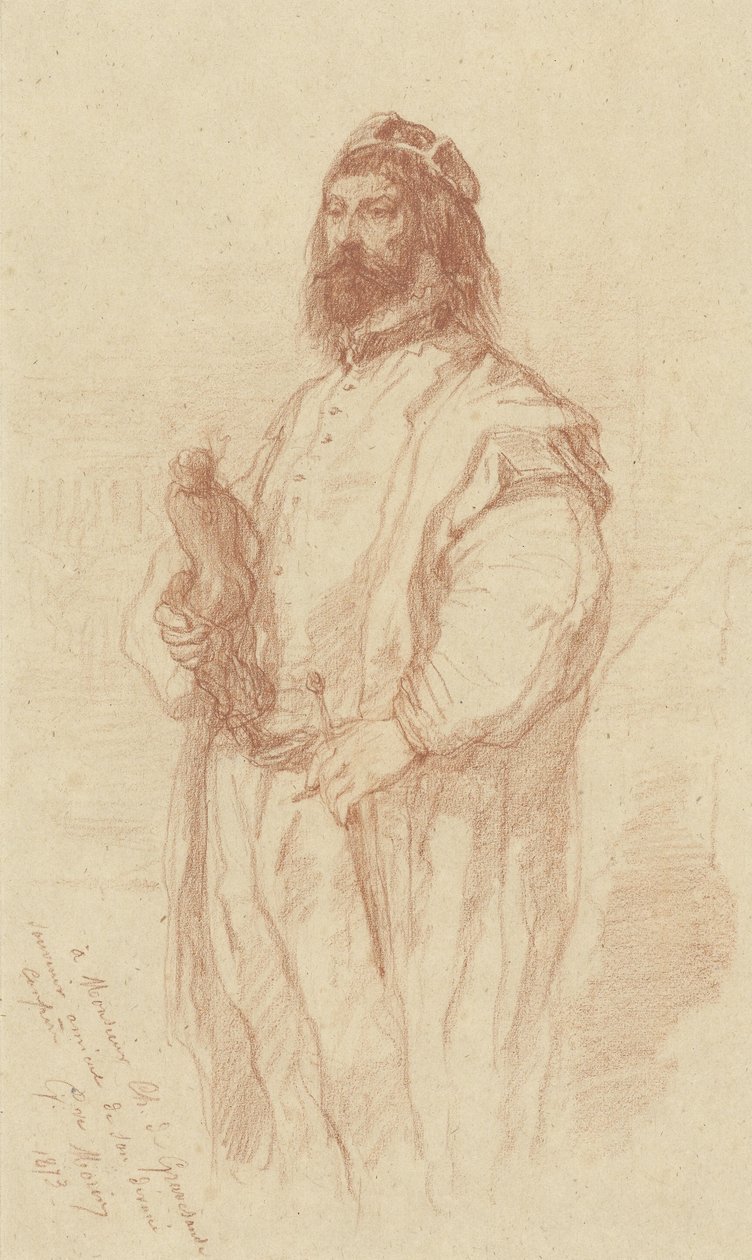 Stojący mężczyzna ze statuą autorstwa Gustave François Morin