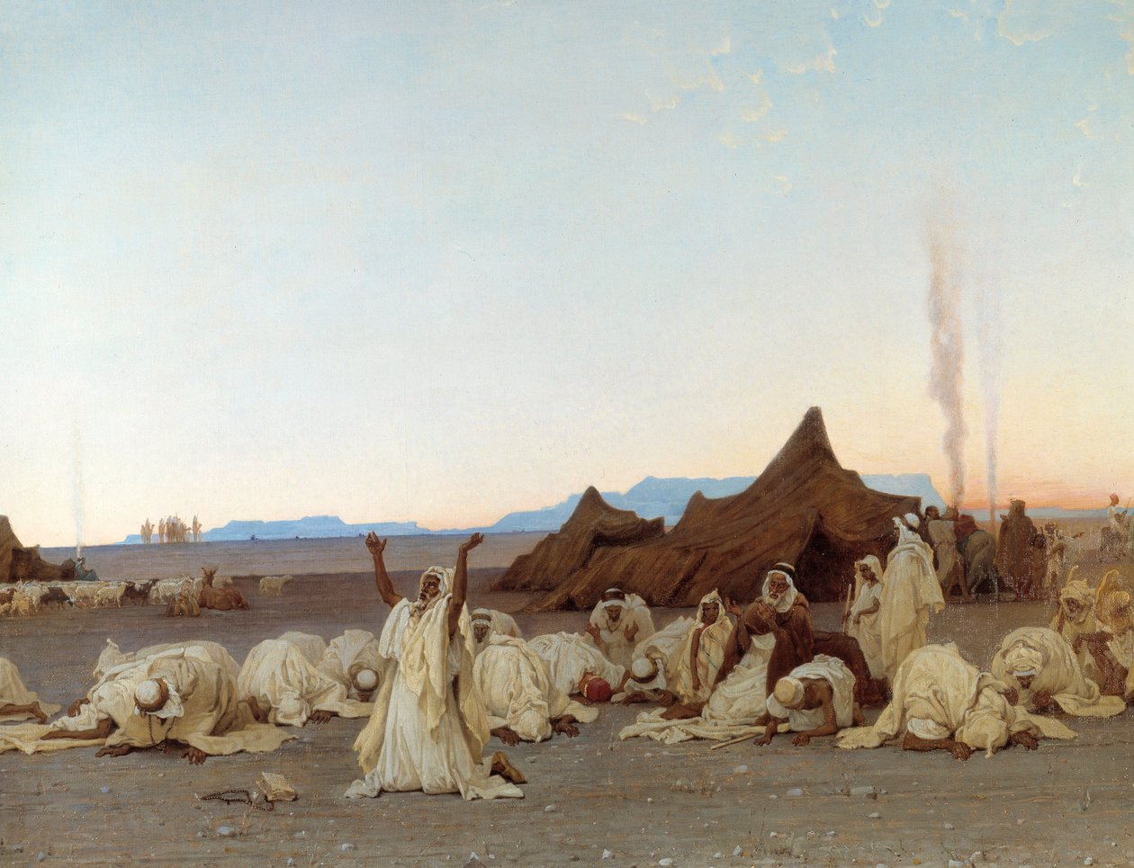 Wieczorna modlitwa na Saharze Szczegół obozu Tuaregów. Obraz Gustave