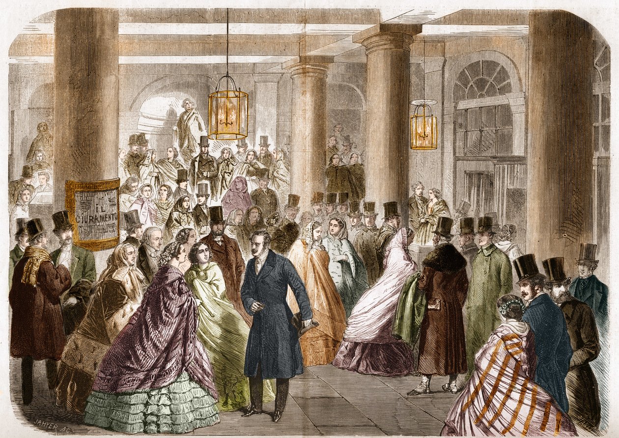 Teatr włoski (Salle Ventadour) został wydany w Paryżu w 1858 roku. Rysunek Gustave Janet, rycina Jahyer. autorstwa Gustave Janet