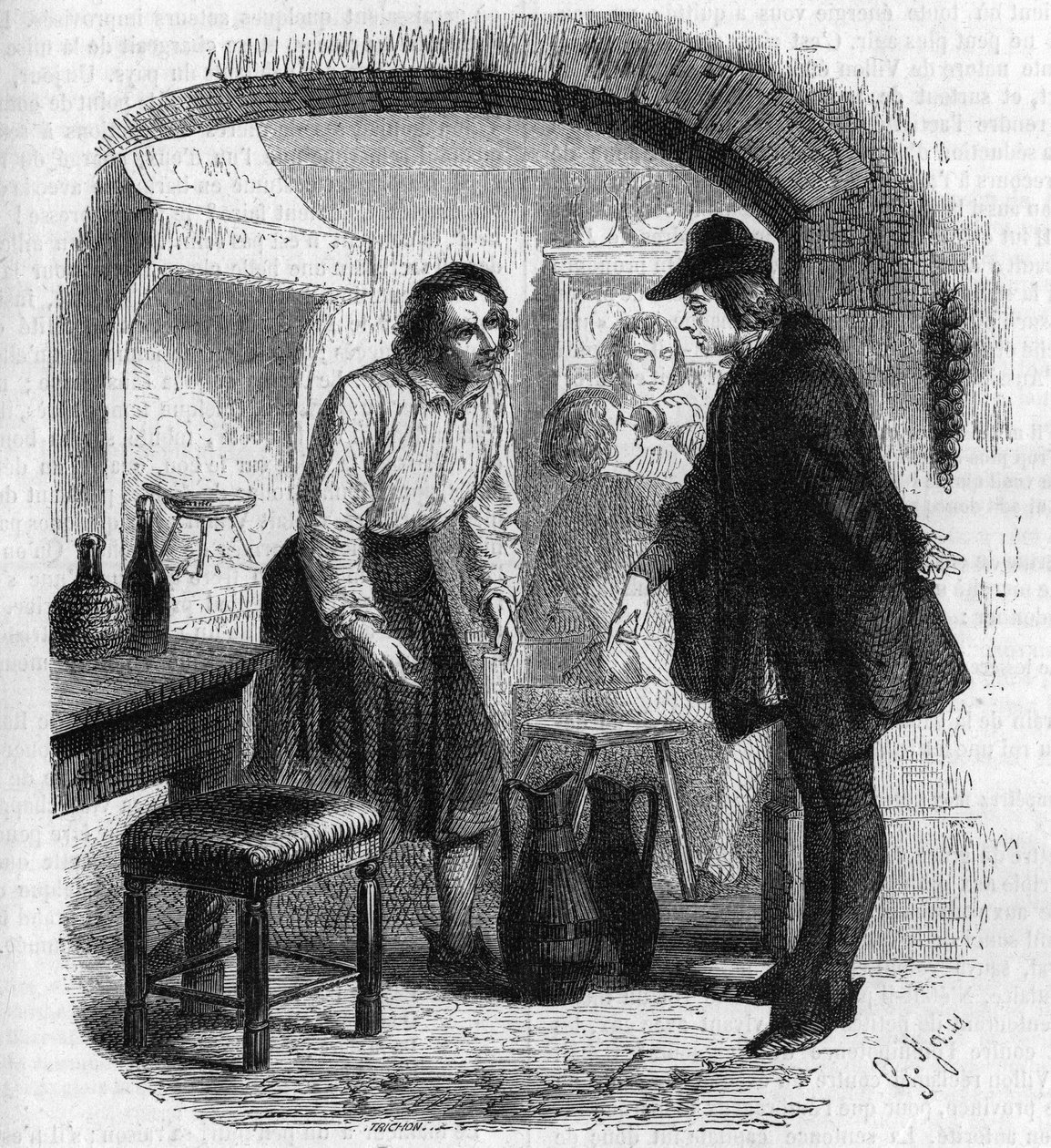 Poeta Francois Villon (1431–1463) odtwarza butelkę wina. Grawerowanie Gustave Janet autorstwa Gustave Janet