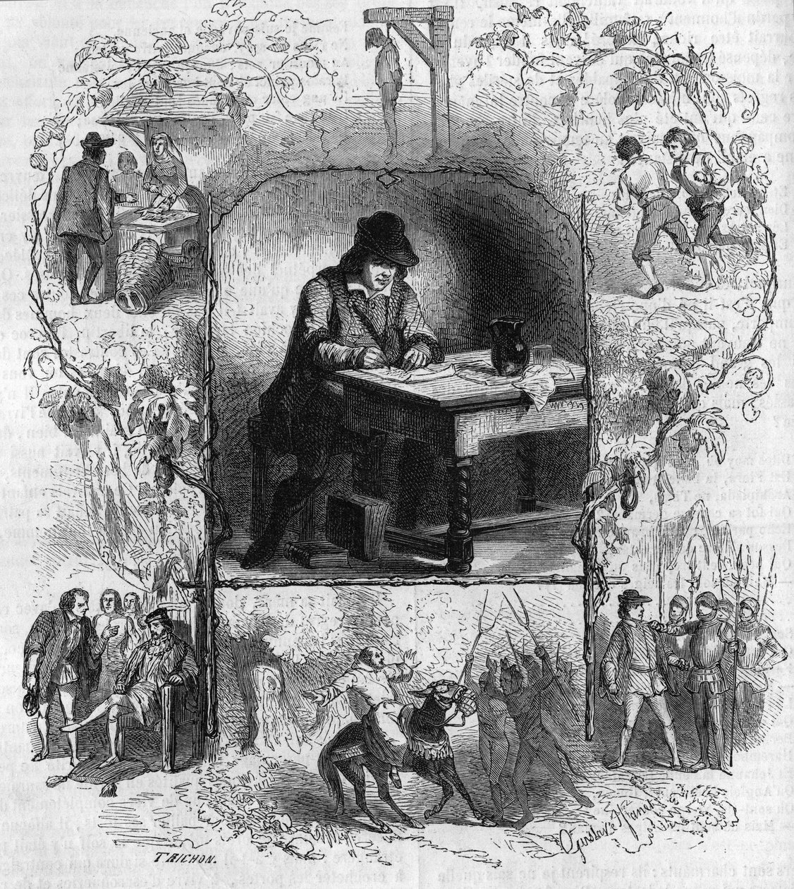 Poeta Francois Villon (1431–1463) piszący swój testament otacza różne epizody swojego życia. Grawerowanie Gustave Janet autorstwa Gustave Janet