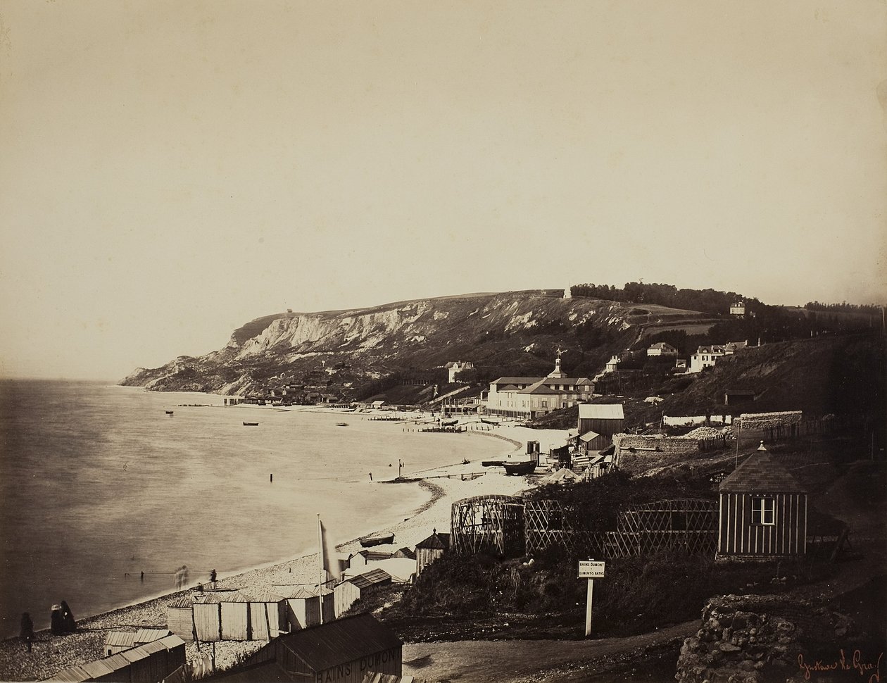 Plaża w Sainte-Adresse, z łaźniami Dumont, 1856-57 autorstwa Gustave Le Gray