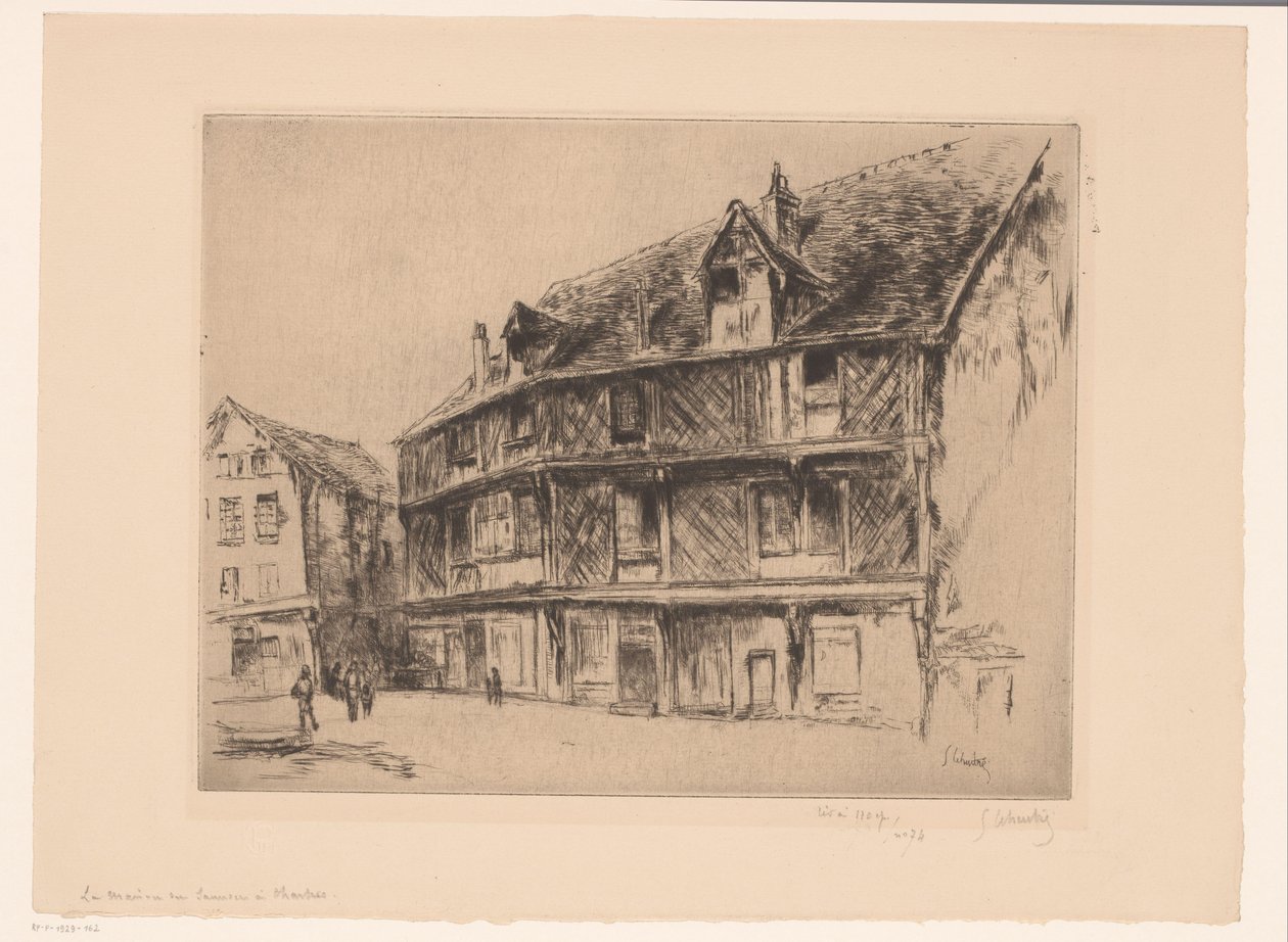 Ulica z domami i spacerowiczami w Chartres La maison du Saumon (Chartres) (tytuł na obiekcie) autorstwa Gustave Leheutre (signed by artist)