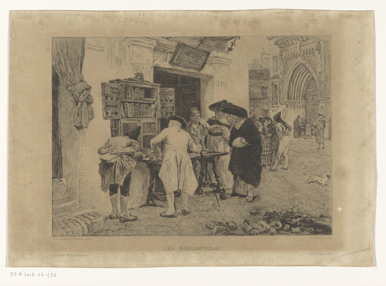 Mężczyźni zgromadzeni wokół księgarni Les Bibliophiles (tytuł na obiekcie) autorstwa Gustave Marie Greux