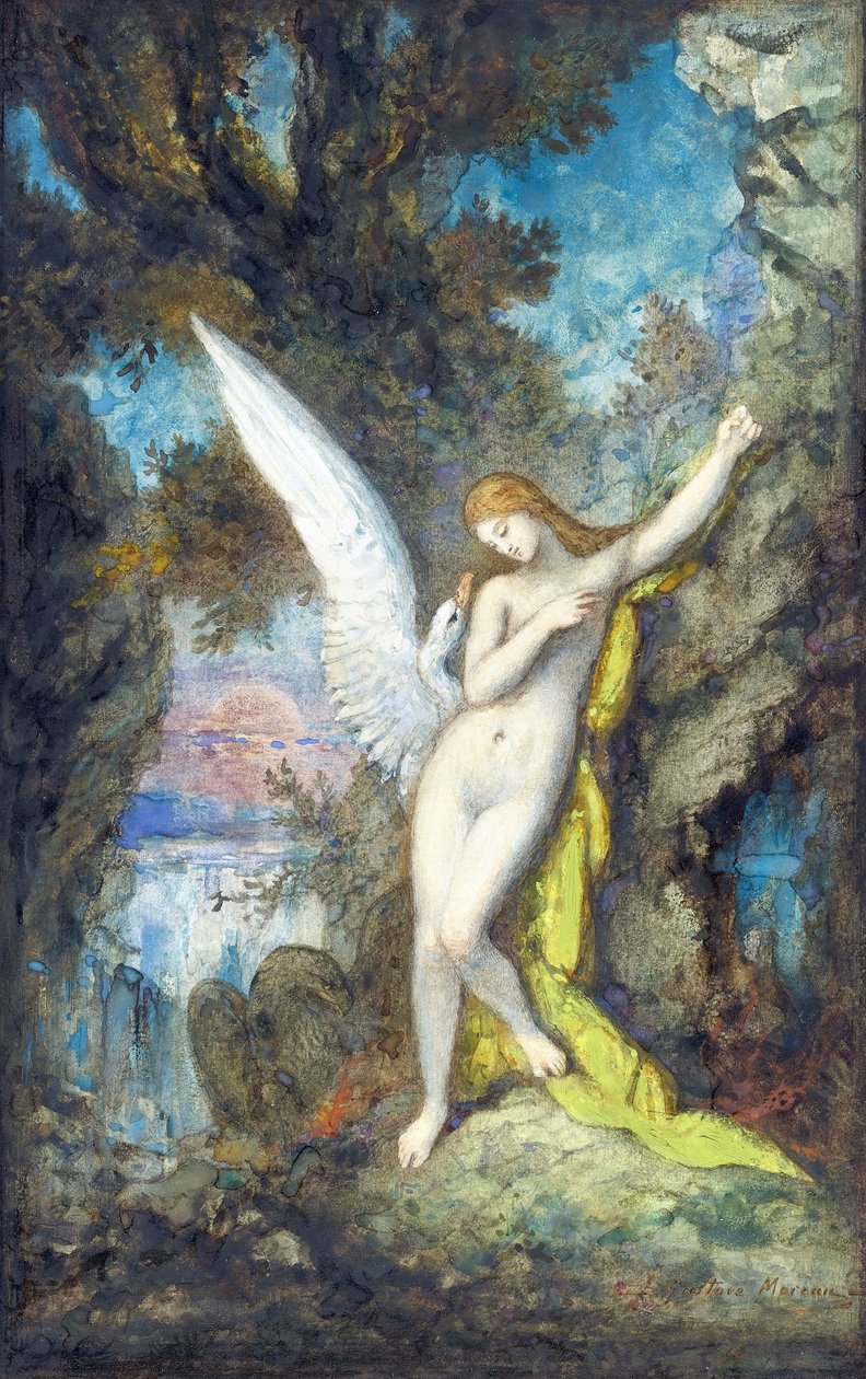 Leda i łabędź par Moreau, Gustave (1826-1898), - Akwarela, Gwasz na papierze, 34,2x22,2 - Kolekcja prywatna autorstwa Gustave Moreau