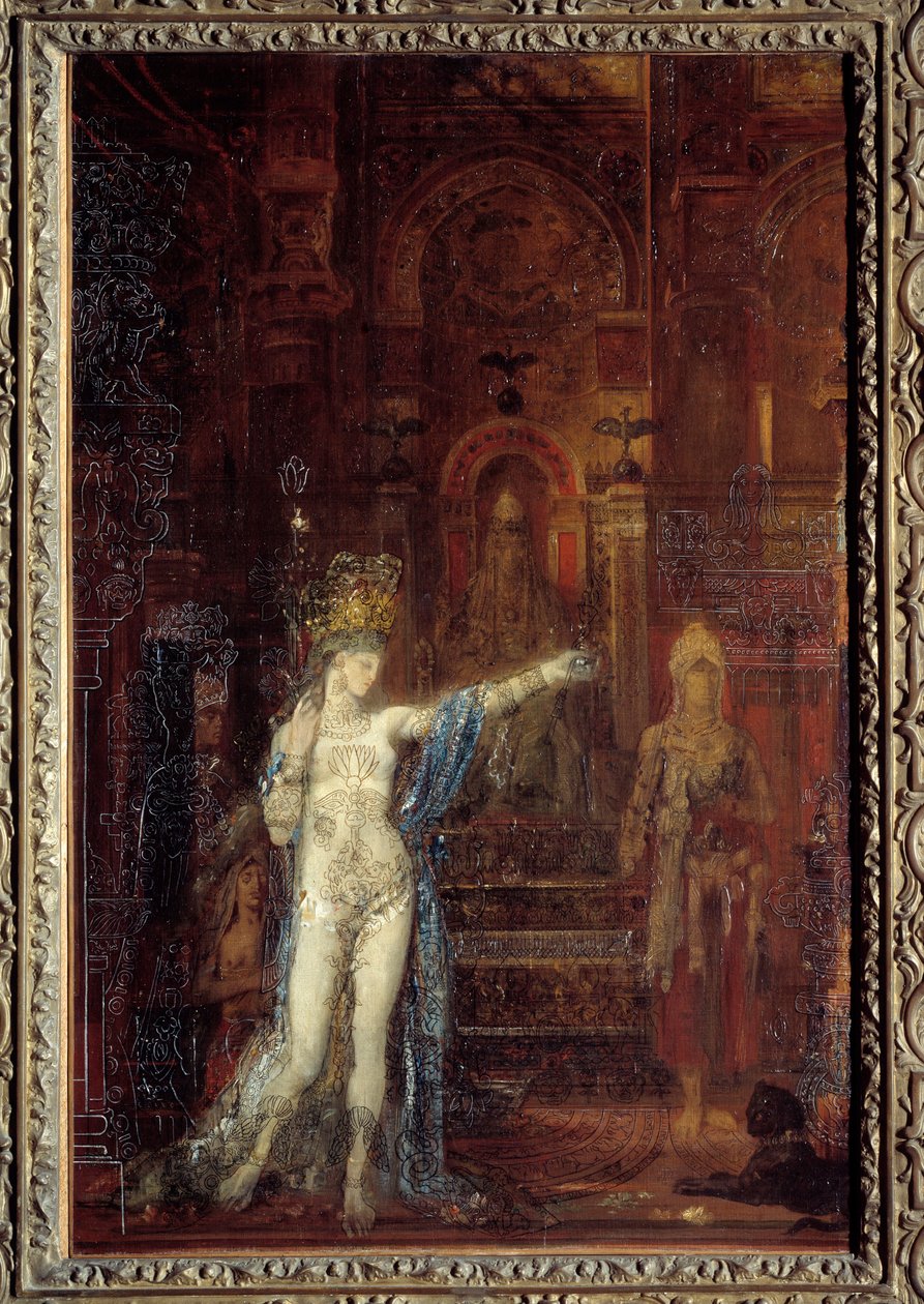 Salome tatuaż. Salome tańczy w sali święta Heroda. Herod siedzący na wyższym tronie jest zafascynowany pięknem maga. Obraz Gustave