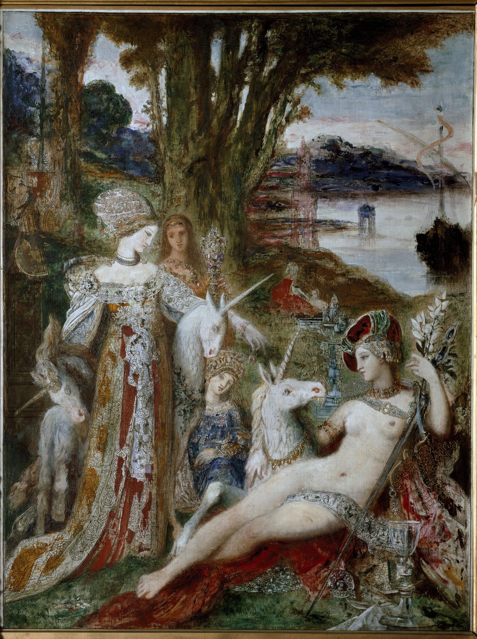 Jednorożce - olej na płótnie, ok. 1885 autorstwa Gustave Moreau