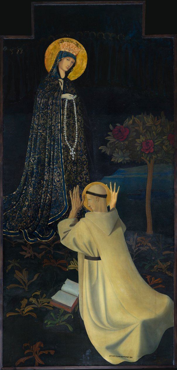 Kościół parafialny (kościół parafialny św. Marcina). „Matka Boża przyjmująca różaniec od św. Dominika”. Gustaw Pustyni. 1900. autorstwa Gustave Van de Woestyne