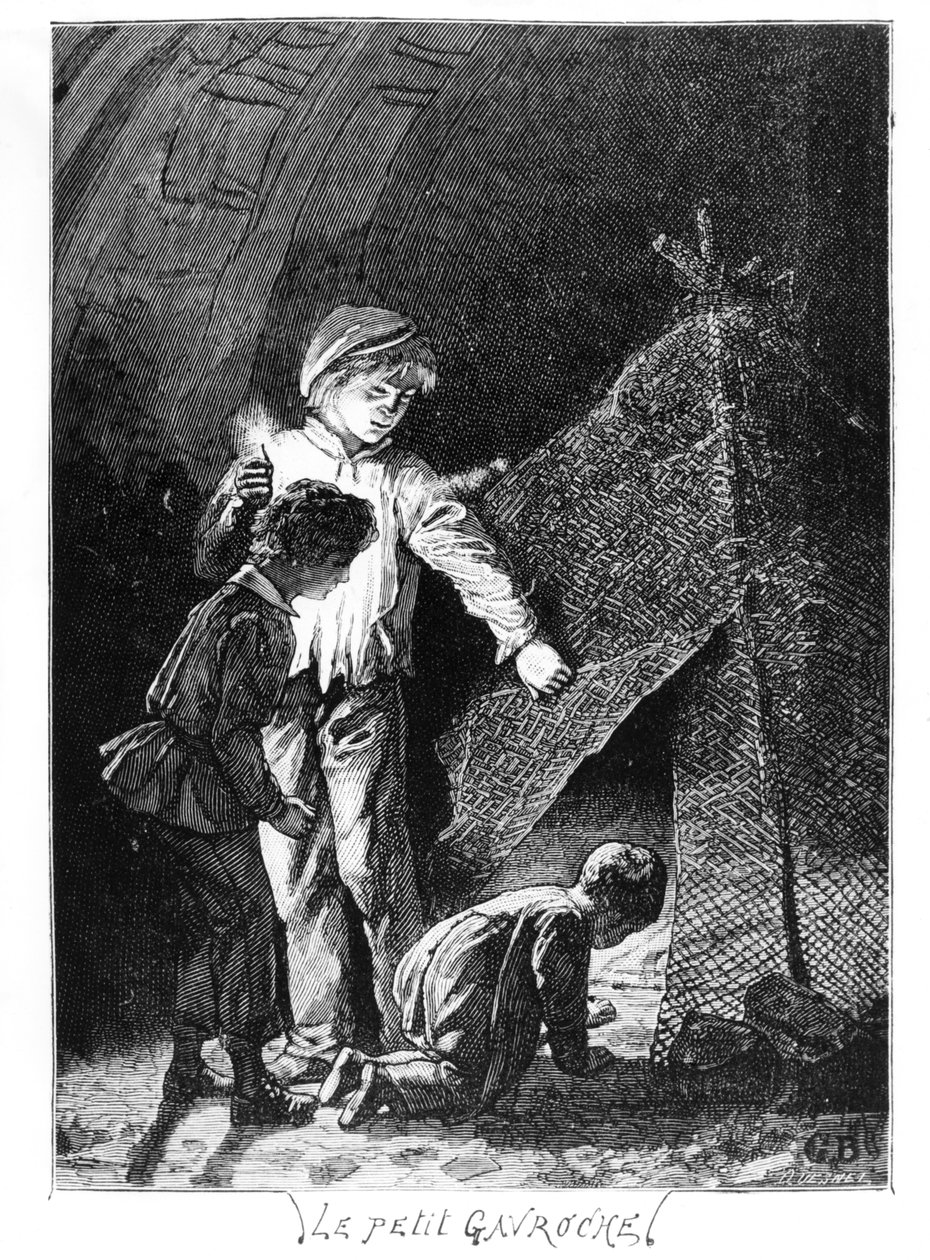 Gavroche i jego dwaj bracia w słoniu bastylijskim, ilustracja z Les Miserables (1845-62) Victora Hugo (1802-85), ok. 1930 r. 1885 autorstwa Gustave after Brion