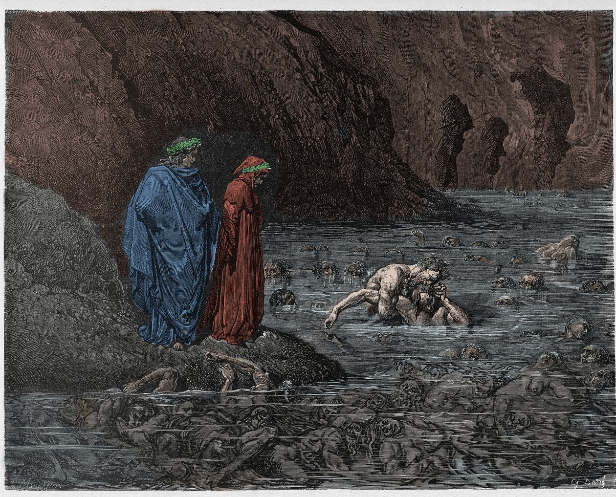Inferno, Canto 32: Ugolino (Ugolin della Gherardesca) gniecie głowę arcybiskupa Ruggieri (Ruggeri Ubaldini), ilustracja z Boskiej Komedii Dantego Alighieri, 1885 (cyfrowo kolorowana) autorstwa Gustave after Dore