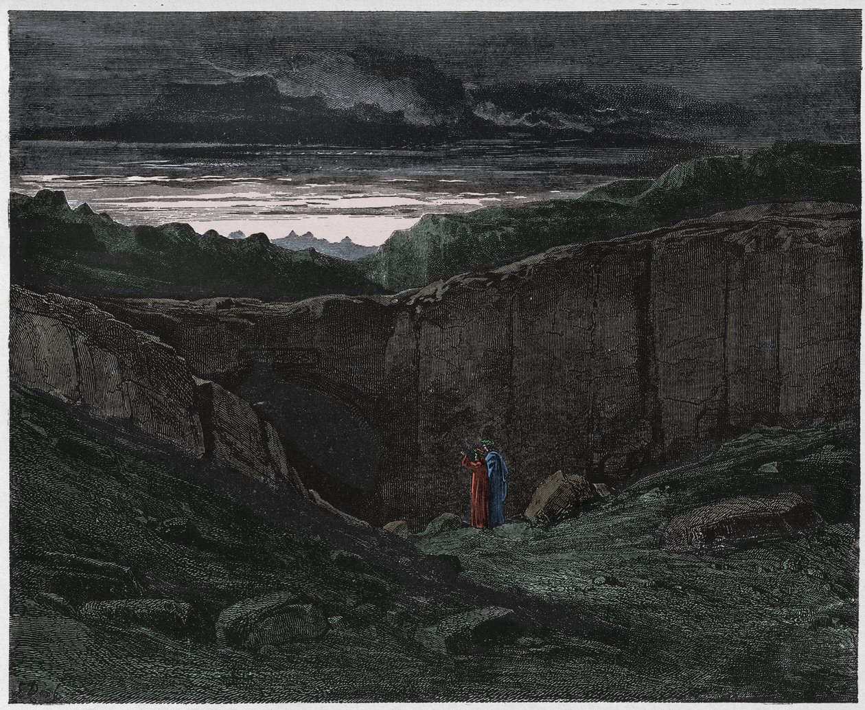 Piekło, Pieśń 3 : Wergiliusz i Dante u bram piekieł, ilustracja z Boskiej komedii Dantego Alighieri, 1885 (rycina cyfrowo kolorowa) autorstwa Gustave after Dore