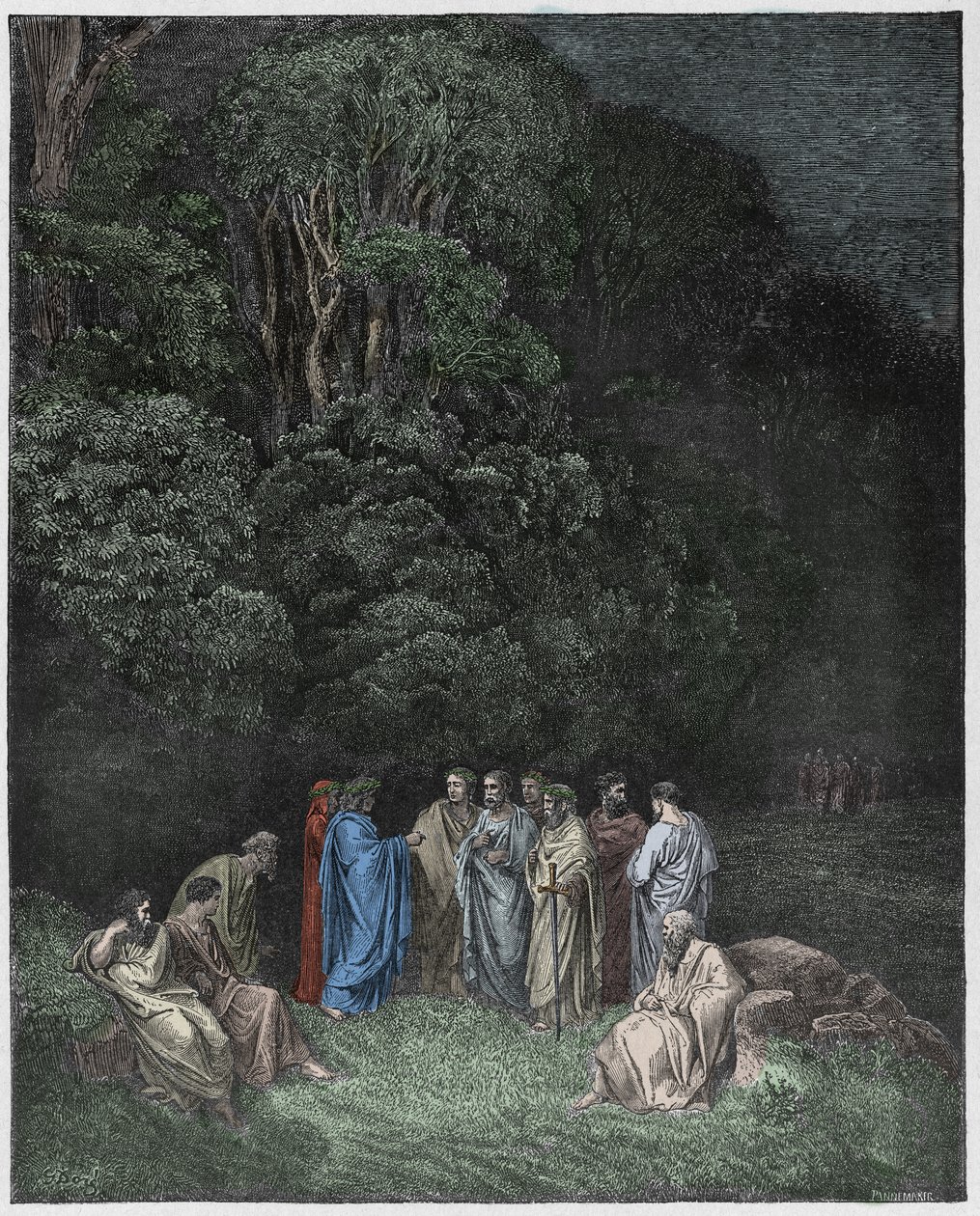 Inferno, Canto 4: Homer, poeci i bohaterowie w Limbo, ilustracja z Boskiej komedii autorstwa Dante Alighieri, 1885 (cyfrowo kolorowane grawerowanie) autorstwa Gustave after Dore