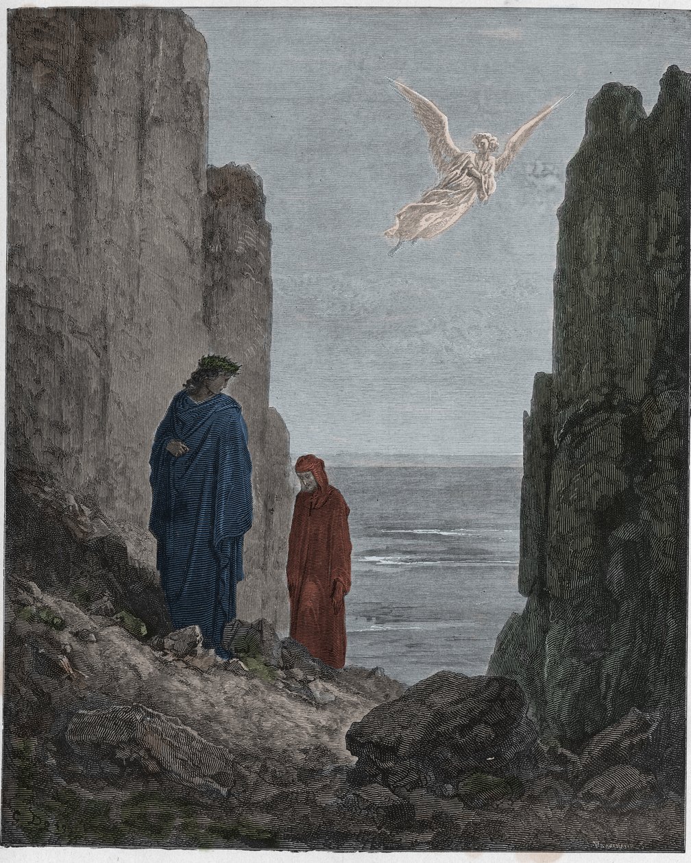 Purgatorio, Canto 19 : Poeci wstępują do piątego kręgu, ilustracja z Boskiej Komedii Dantego Alighieri, 1885 (rycina kolorowana cyfrowo) autorstwa Gustave after Dore