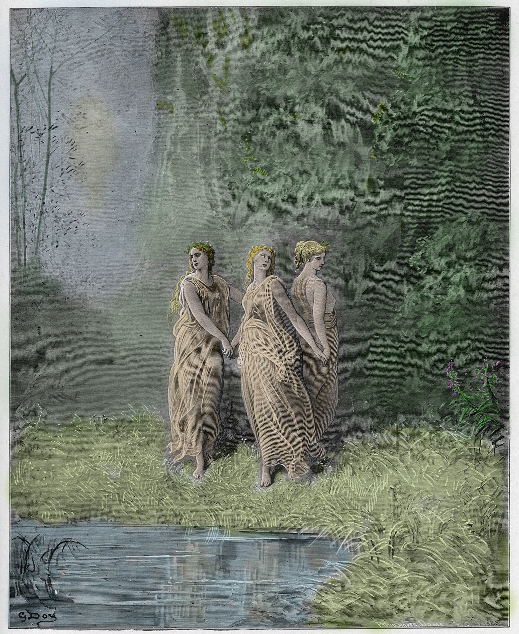 Purgatorio, Canto 29: Miłość, nadzieja i wiara, ilustracja z Boskiej komedii Dantego Alighieri, 1885 (cyfrowo kolorowy grawerunek) autorstwa Gustave after Dore