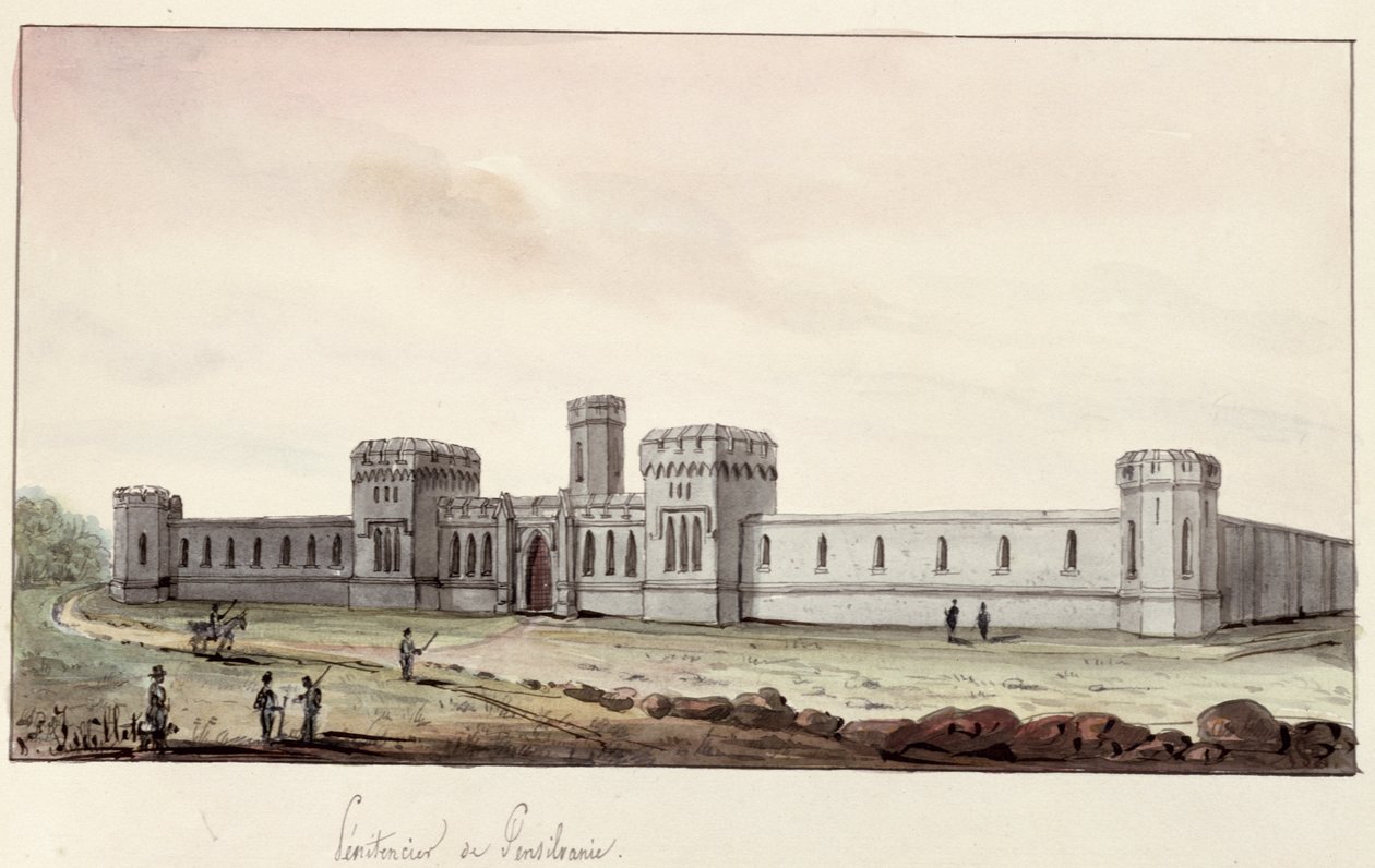 Zakład karny w Pensylwanii, 1831 (pióro i atrament i toaleta na papierze) autorstwa Gustave de Beaumont