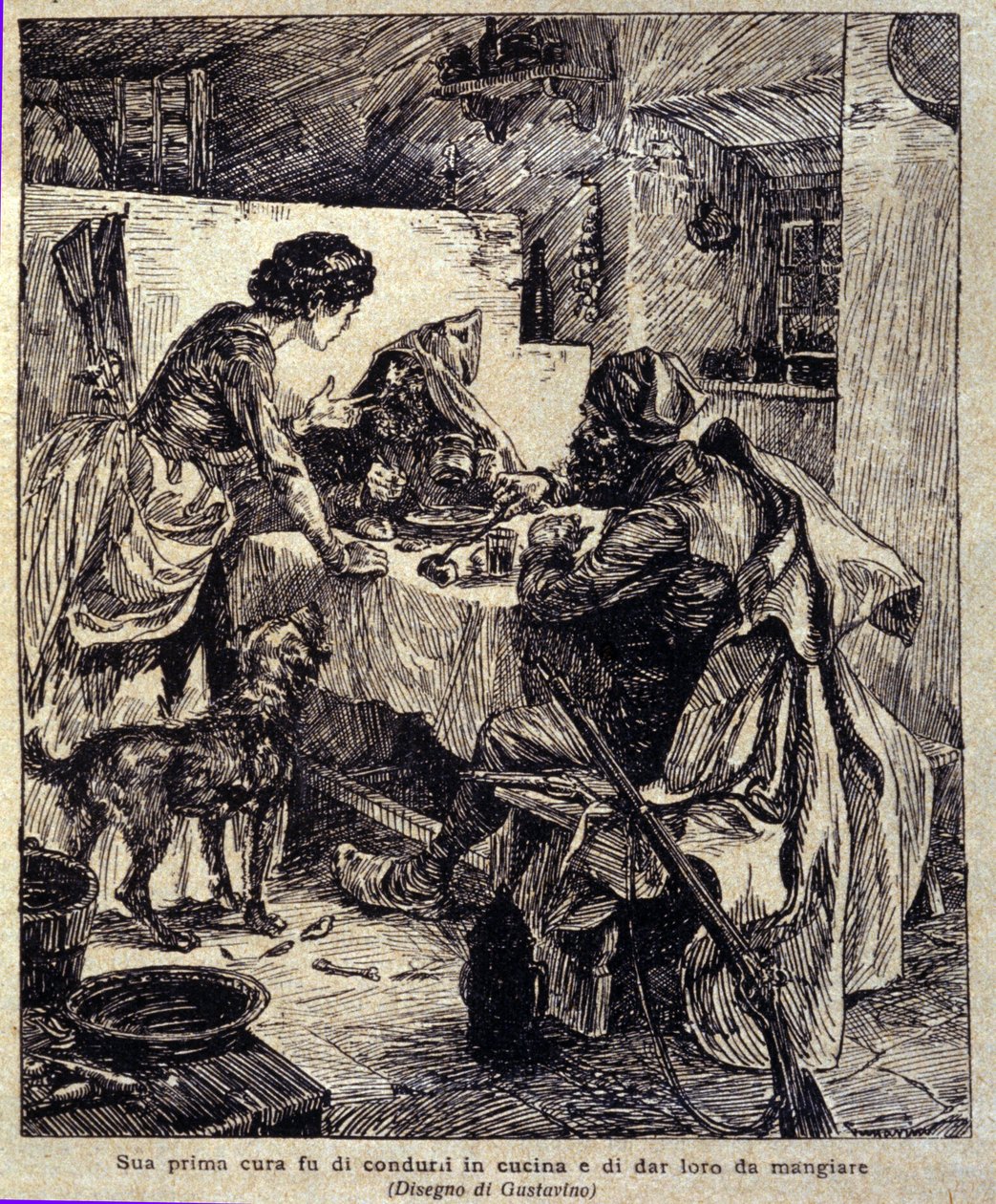 Jego pierwszym zmartwieniem było zawiezienie ich do kuchni i nakarmienie... Ilustracja nowej „Colomby” napisana przez Prospera Merimee. Grawerowanie Gustavino (Gustavo Rosso) (1881-1950), ok. 1915 autorstwa Gustavo Gustavino Rosso