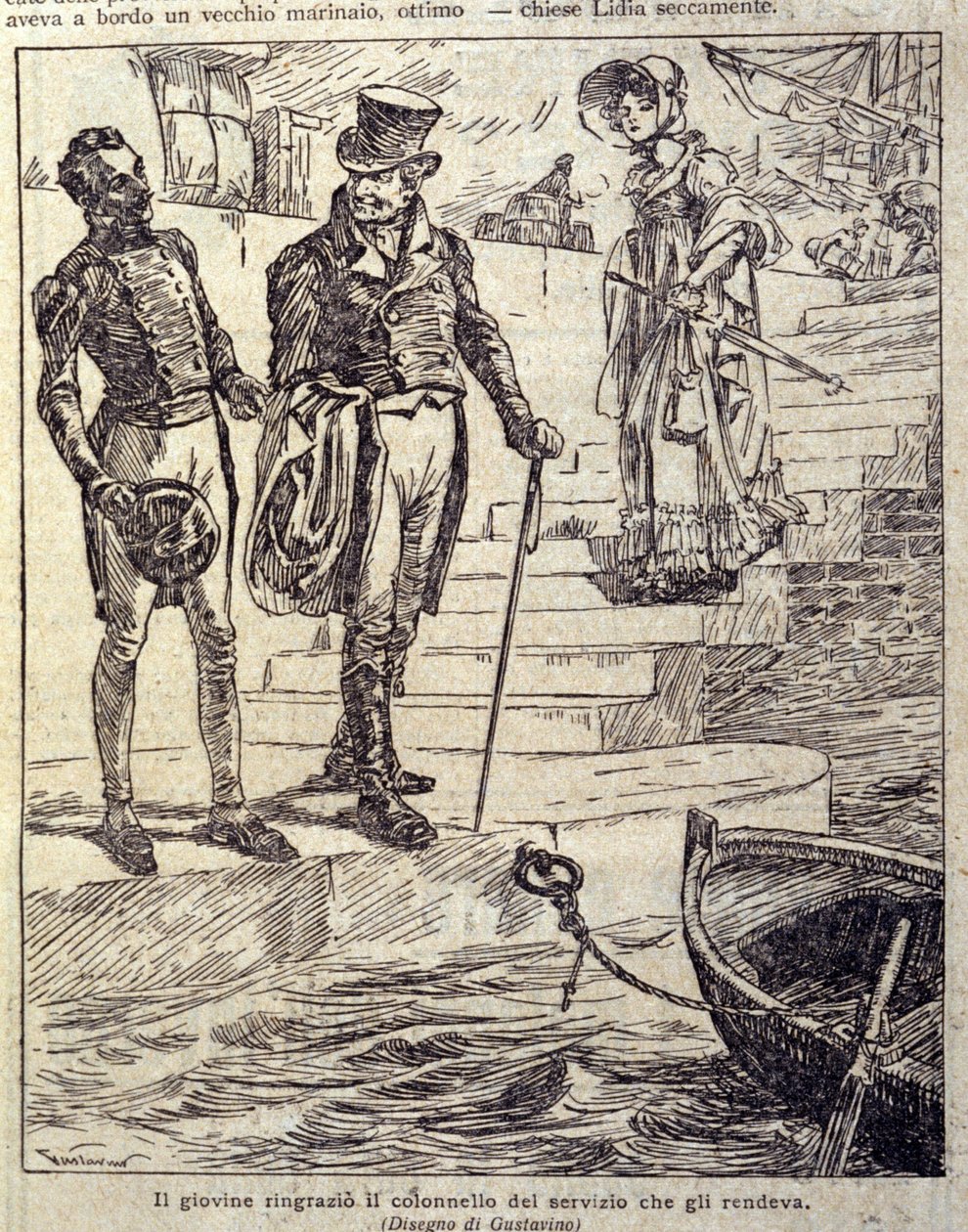 młody człowiek podziękował pułkownikowi za jego służbę... Ilustracja nowej „”Colomby”” napisana przez Prospera Merimee. Grawerowanie Gustavino (Gustavo Rosso) (1881-1950), ok. 1915 autorstwa Gustavo Gustavino Rosso