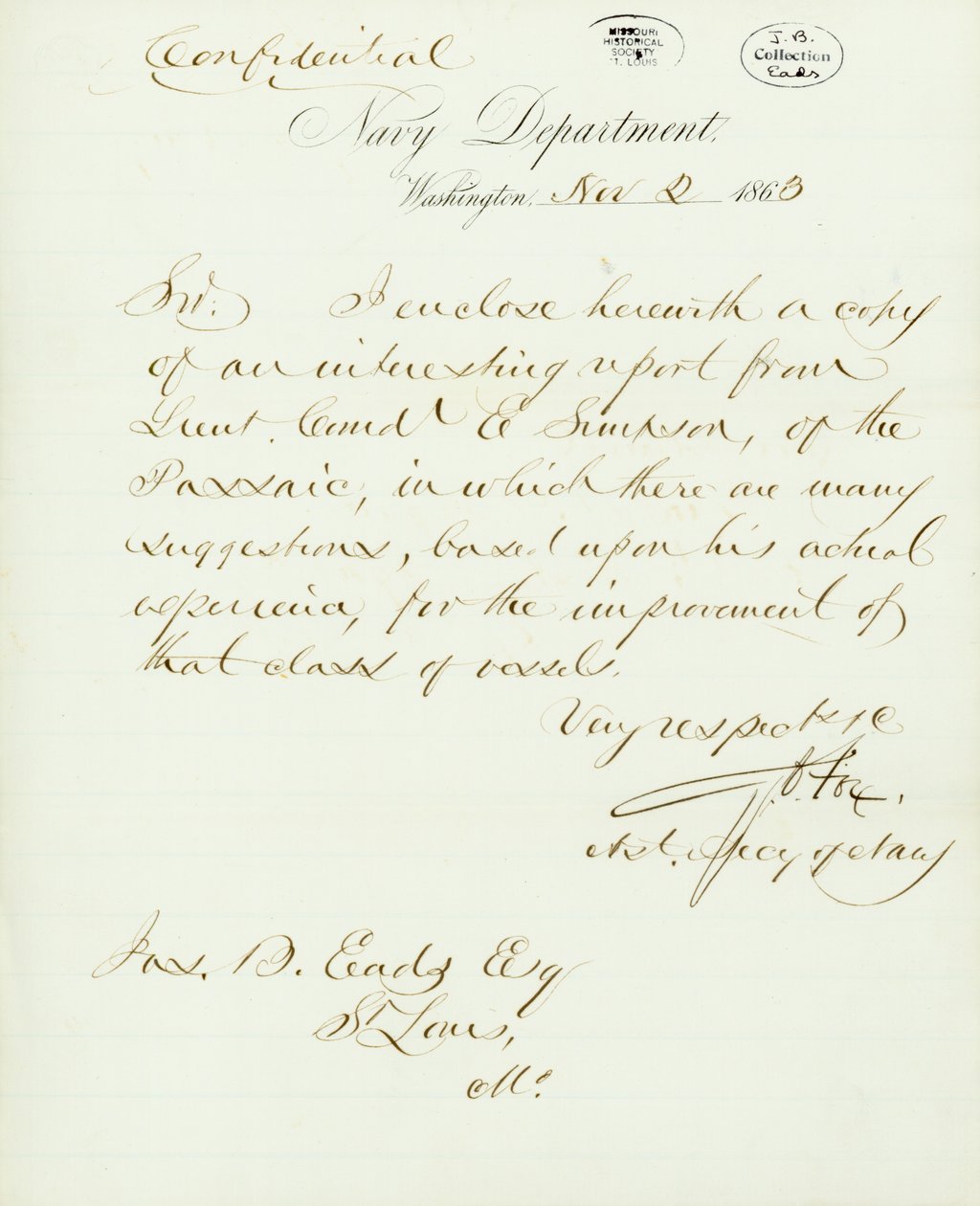 List podpisany G.V. Fox, Departament Marynarki Wojennej w Waszyngtonie, do Jas. B. Eads [James B. Eads], St. Louis, Mo., 2 listopada 1863 autorstwa Gustavus Vasa Fox