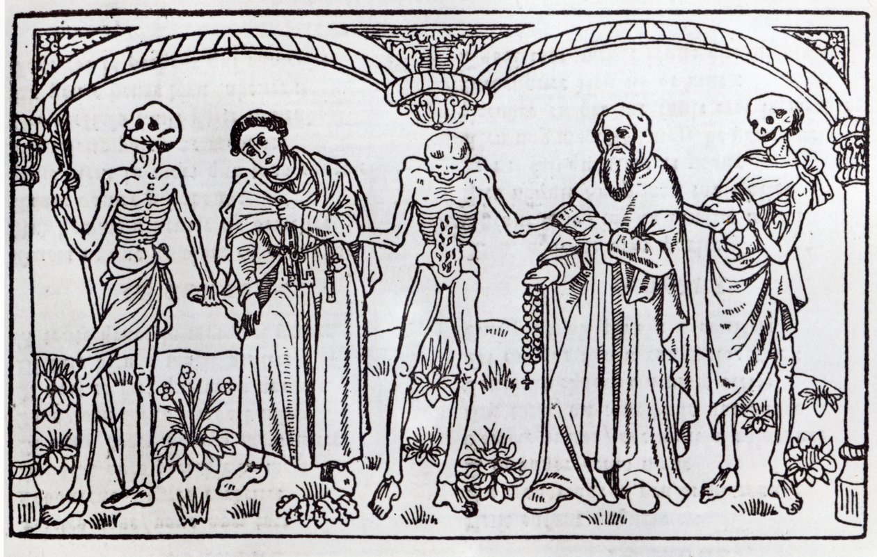 Śmierć zabierająca mnicha i opata z Danse Macabre, wyd. Paryż, 1485 r. autorstwa Guy Marchant