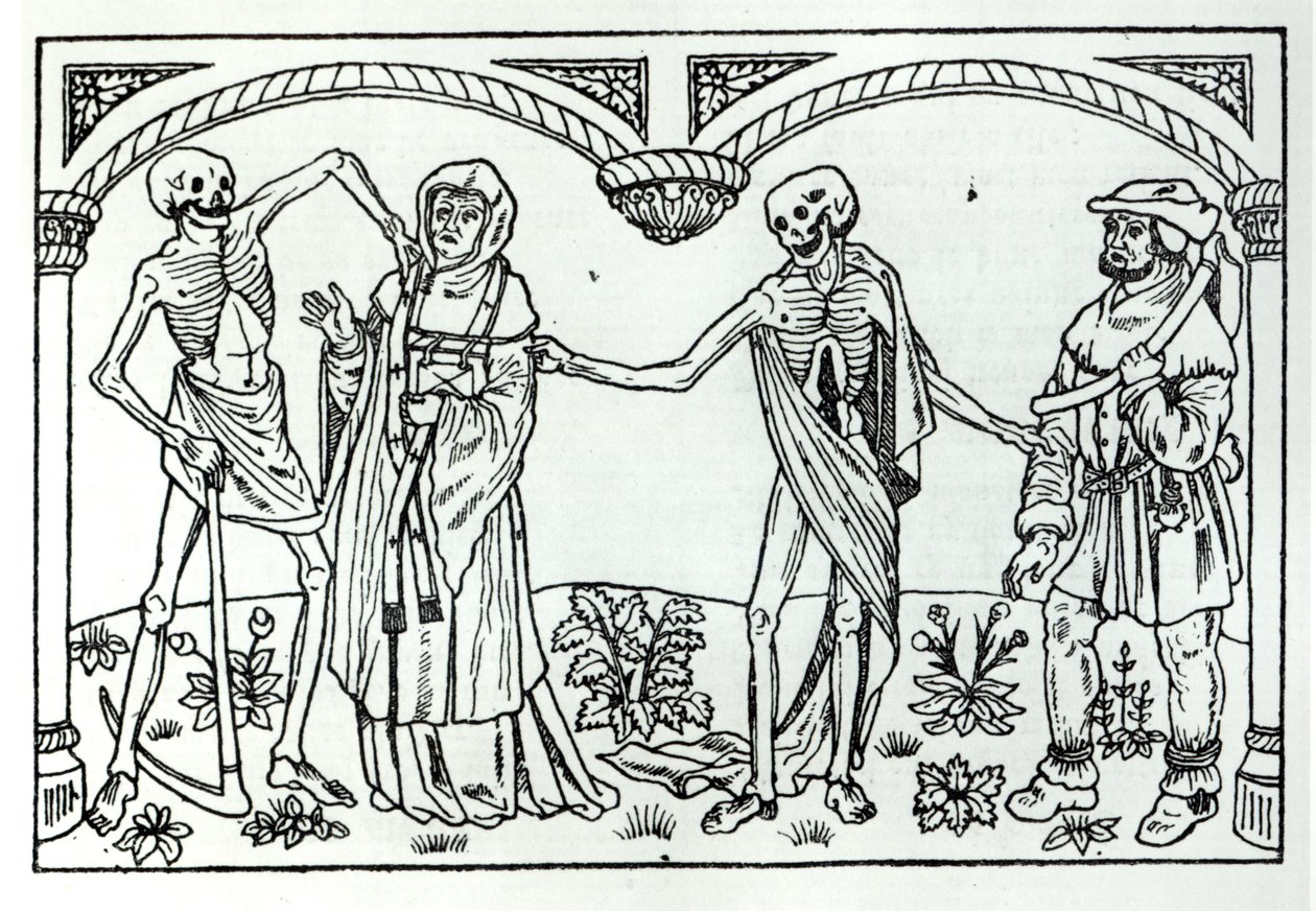 Śmierć zabierająca kapłana i chłopa, z "Danse Macabre", wyd. Paryż, 1485 r. autorstwa Guy Marchant