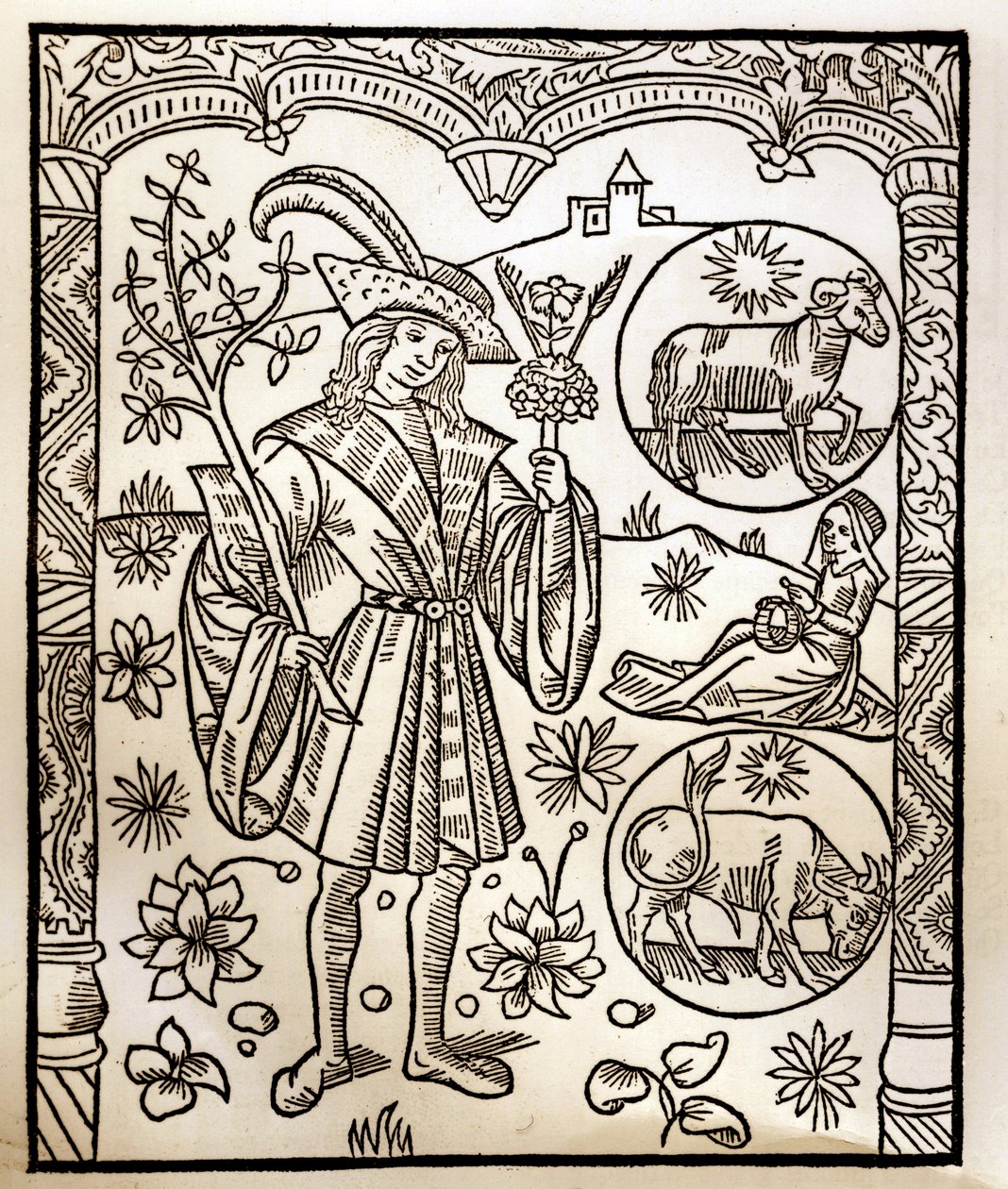 Kalendarz pasterza - Praca miesiąca - Kwiecień - Drzeworyt z książki z 1496 r. wydrukowanej przez Guya Marchanta (Guido Mercator) w Troyes - Drzeworyt w "Le grand Calendrier et compost des shepherds" - autorstwa Guy Marchant