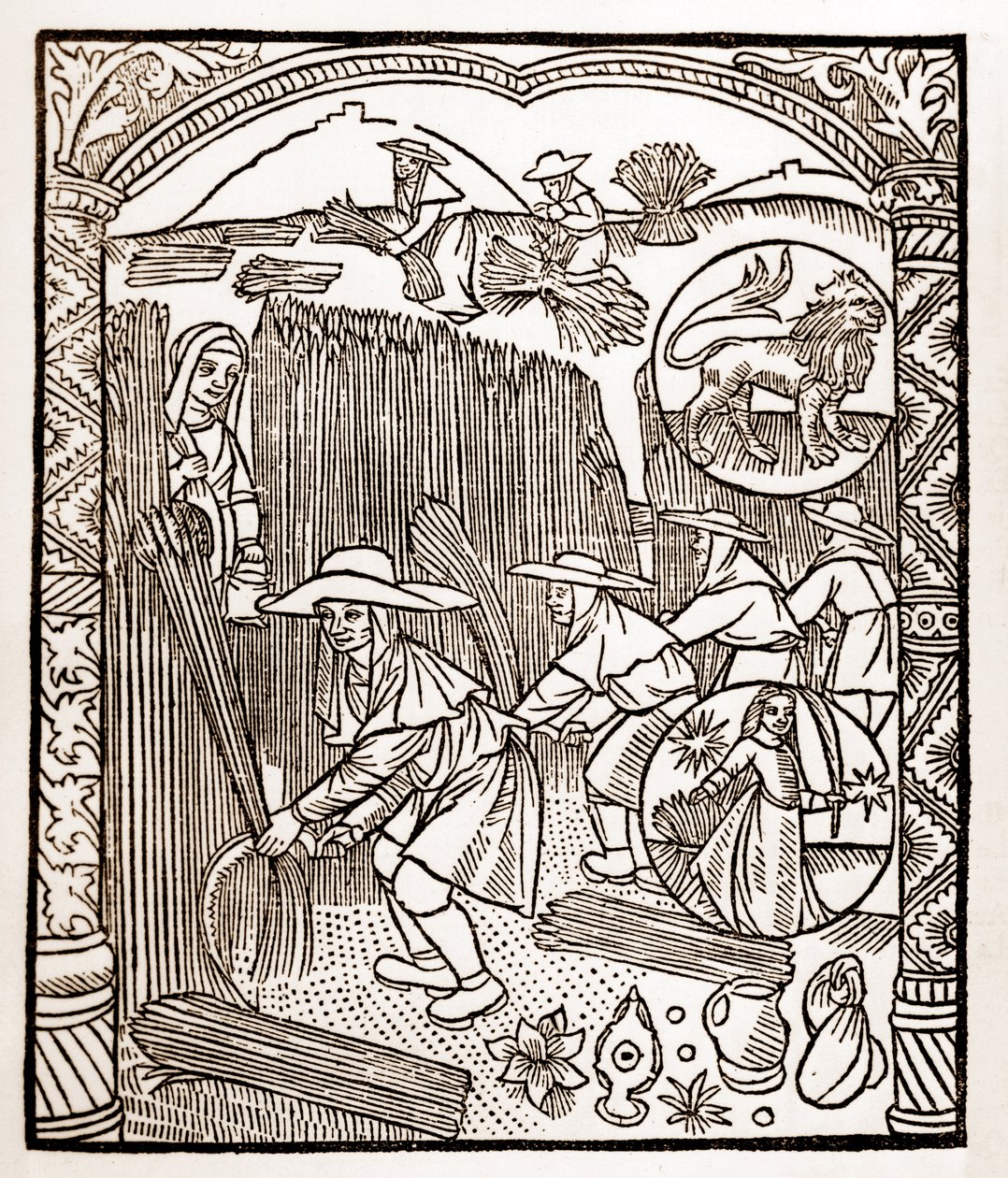 Kalendarz pasterza - Praca miesiąca - Sierpień - Drzeworyt z książki z 1496 r. wydrukowanej przez Guya Marchanta (Guido Mercator) w Troyes - Drzeworyt w "Le grand Calendrier et compost des shepherds" - autorstwa Guy Marchant
