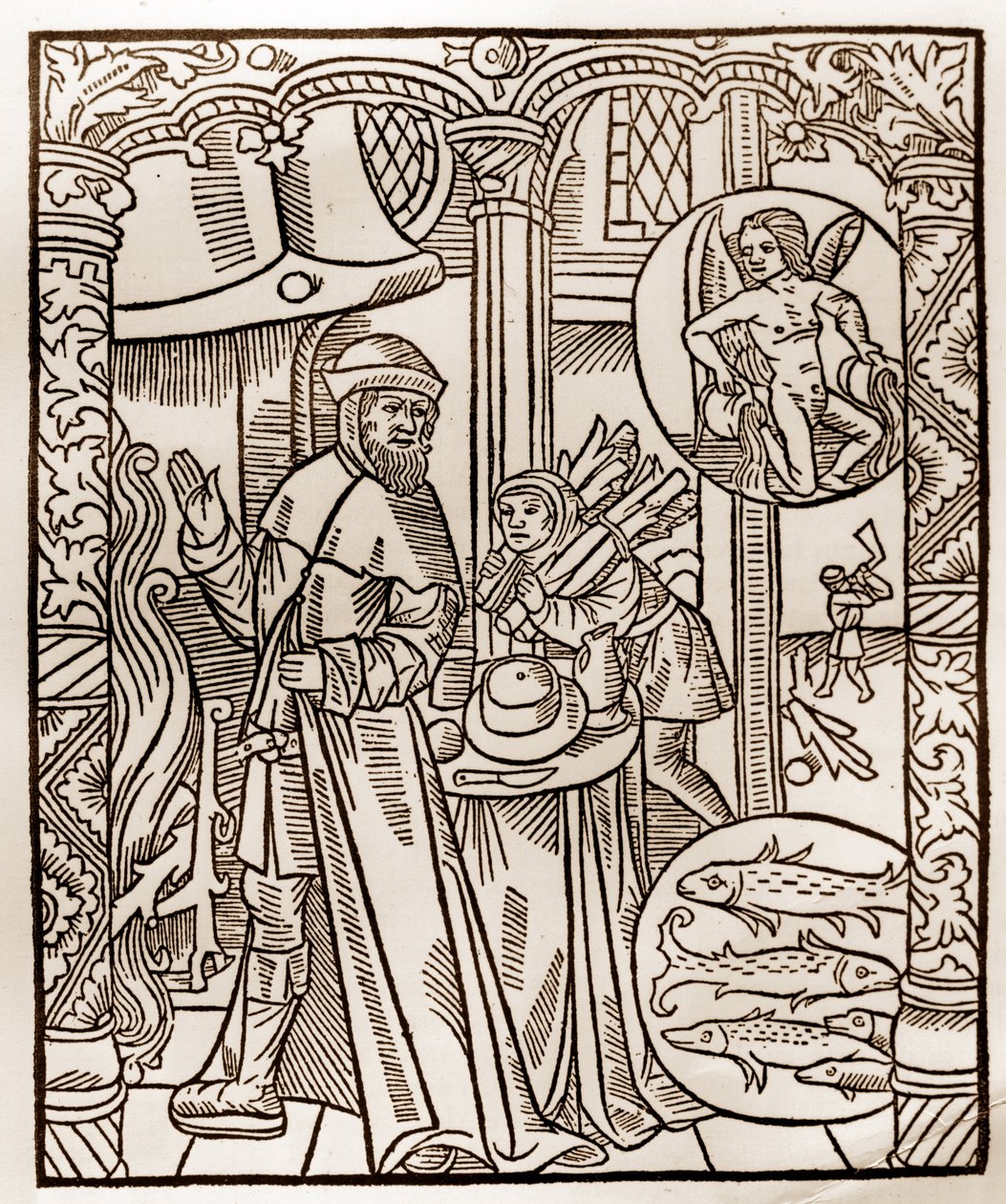 Kalendarz pasterza - Praca miesiąca - Luty - Drzeworyt z książki z 1496 r. wydrukowanej przez Guya Marchanta (Guido Mercator) w Troyes - Drzeworyt w ""Le grand Calendrier et compost des shepherds" - autorstwa Guy Marchant
