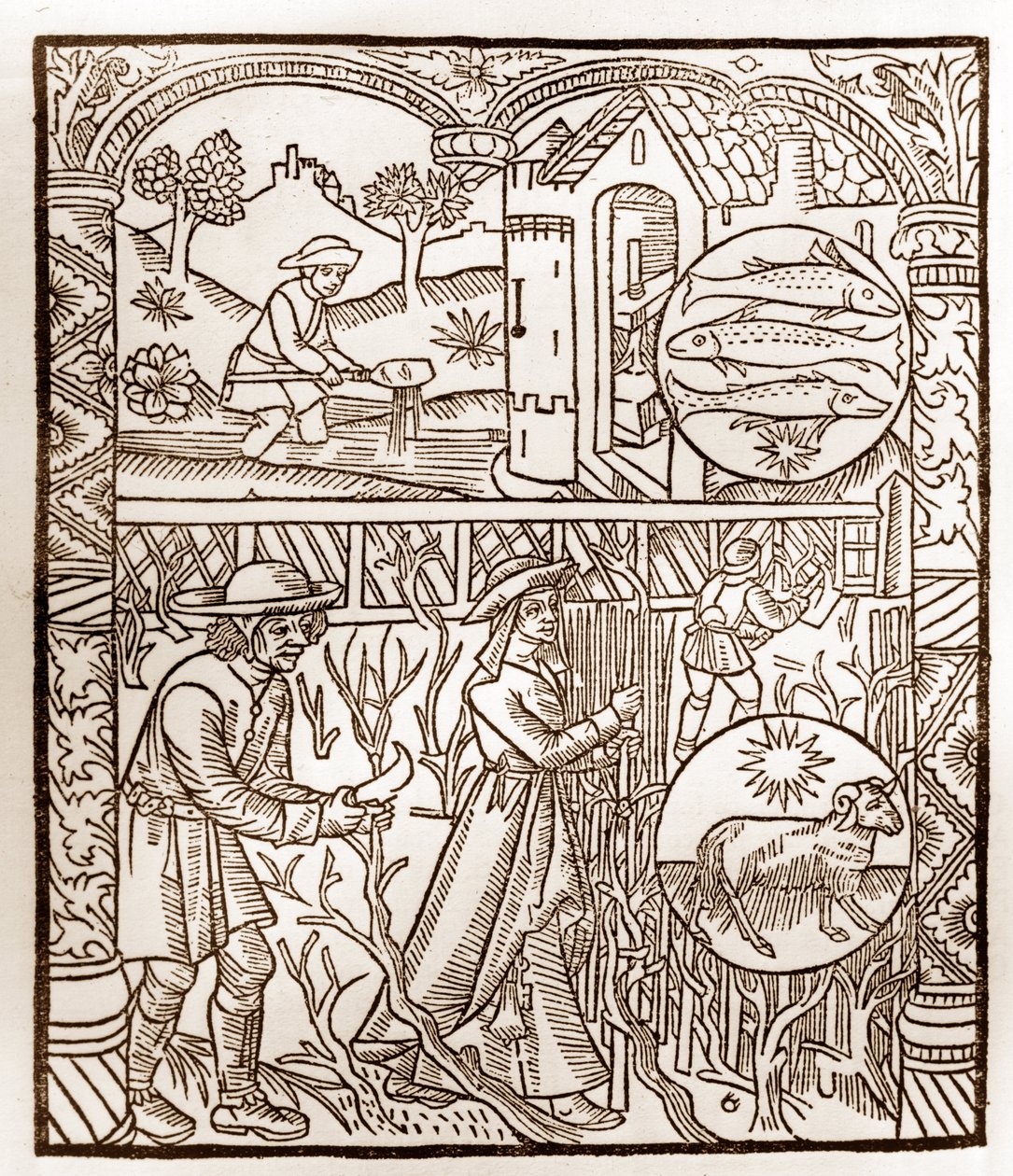 Kalendarz pasterza - Praca miesiąca - Marzec - Drzeworyt z książki z 1496 r. wydrukowanej przez Guya Marchanta (Guido Mercator) w Troyes - Drzeworyt w "Le grand Calendrier et compost des shepherds" - autorstwa Guy Marchant