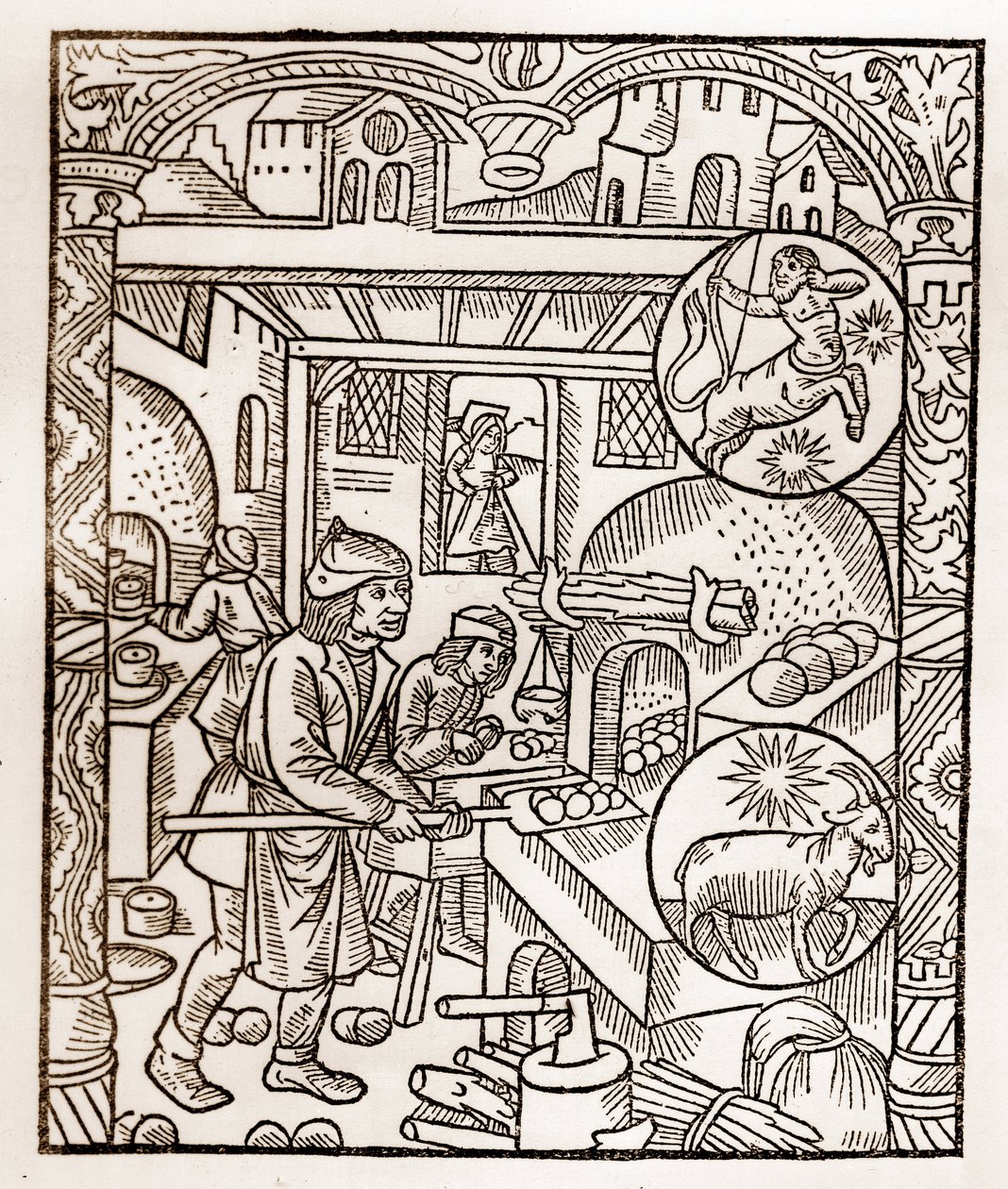 Kalendarz pasterza - Praca miesiąca - Listopad - Drzeworyt z książki z 1496 r. wydrukowanej przez Guya Marchanta (Guido Mercator) w Troyes - Drzeworyt w ""Le grand Calendrier et compost des shepherds"" - Piec chlebowy - autorstwa Guy Marchant