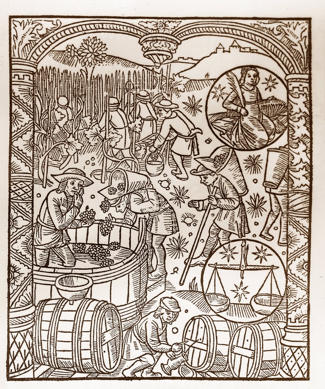 Kalendarz pasterski - Praca miesiąca - Październik - Drzeworyt z książki z 1496 r. wydrukowanej przez Guya Marchanta (Guido Mercator) w Troyes - Drzeworyt w ""Le grand Calendrier et compost des shepherds"" - Żniwa - i oznaki zodiak: autorstwa Guy Marchant