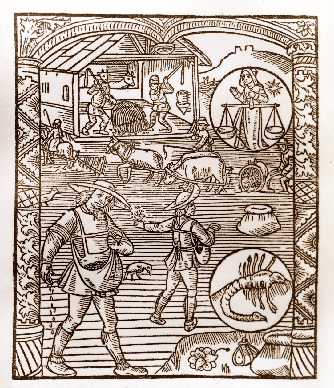 Kalendarz pasterza - Praca miesiąca - Wrzesień - Drzeworyt z książki z 1496 r. wydrukowanej przez Guya Marchanta (Guido Mercator) w Troyes - Au premier plan, des peassans sement a la volee - Drzeworyt w „Le grand Calendrier et compost des shepherds” - autorstwa Guy Marchant