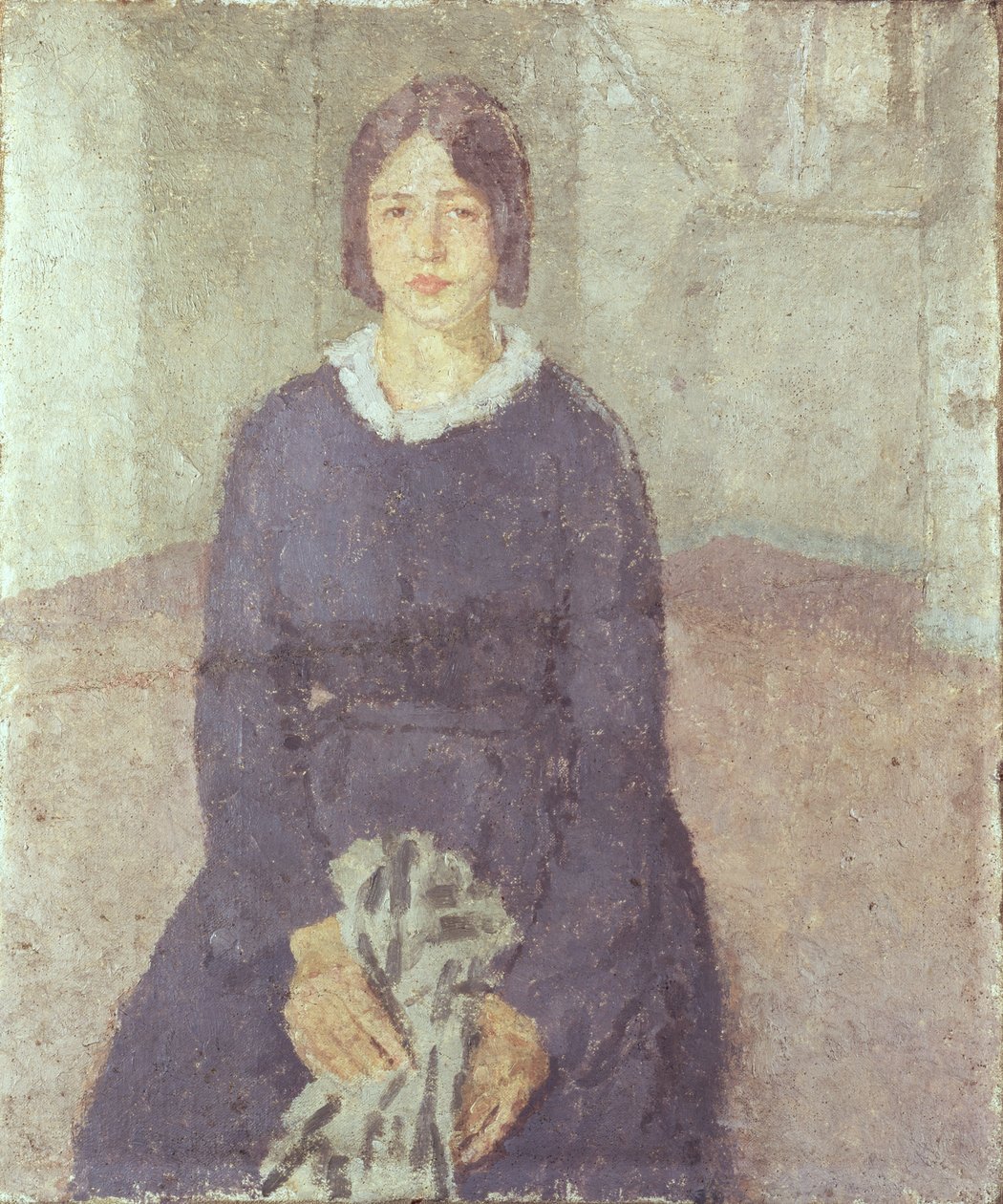 Dziewczyna w niebieskiej sukience trzymająca kawałek szycia autorstwa Gwen John
