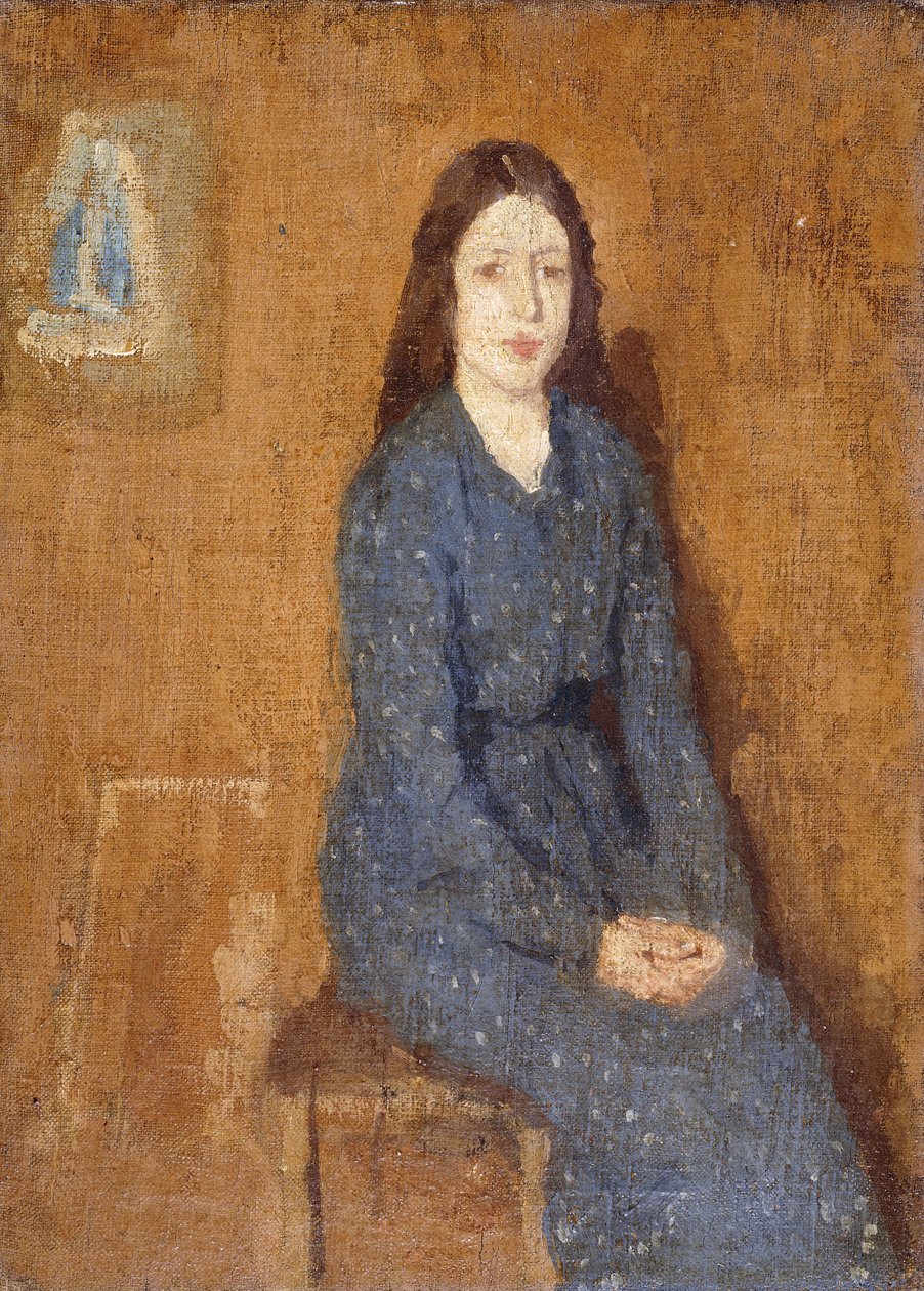Siedząca dziewczyna w cętkowanej niebieskiej sukience, 1914-15 autorstwa Gwen John