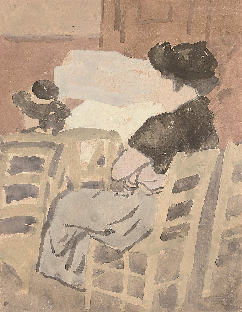 Kobieta i młoda dziewczyna we wnętrzu kościoła (akwarela na papierze) autorstwa Gwen John